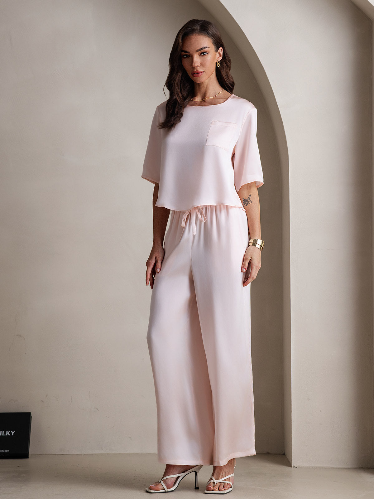 [Pink] SilkSilky-AU Pure Silk Round Neck Women's Pyjamas 006