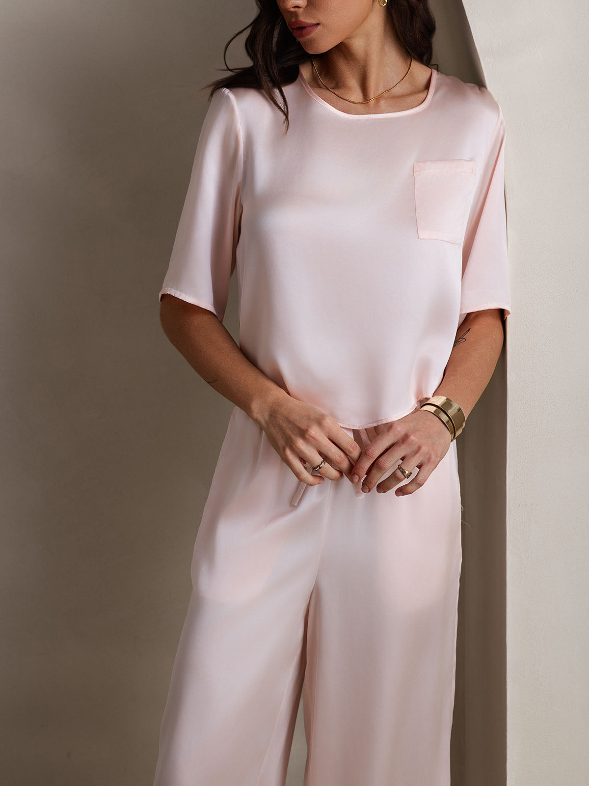 [Pink] SilkSilky-AU Pure Silk Round Neck Women's Pyjamas 007