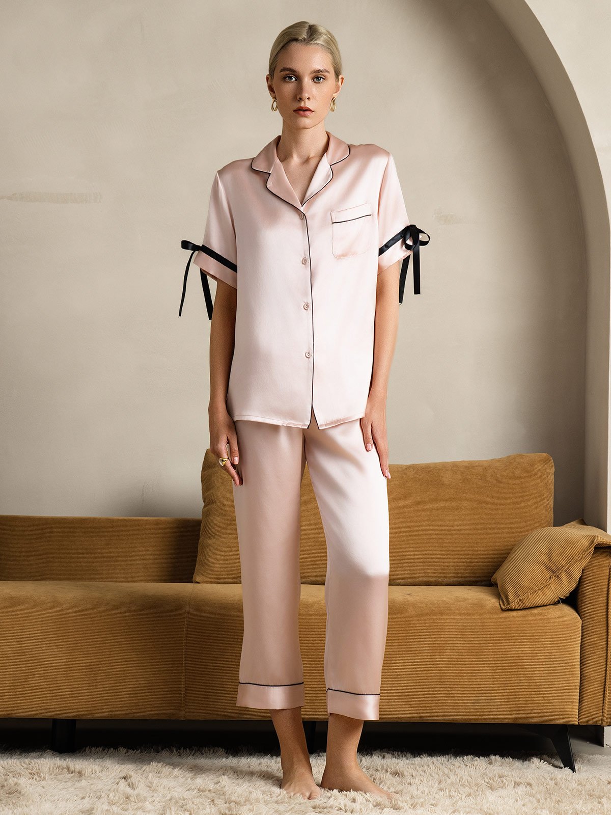 [Pink] SilkSilky-AU Pure Silk Short Sleeve Lapel Women's Pyjamas 001