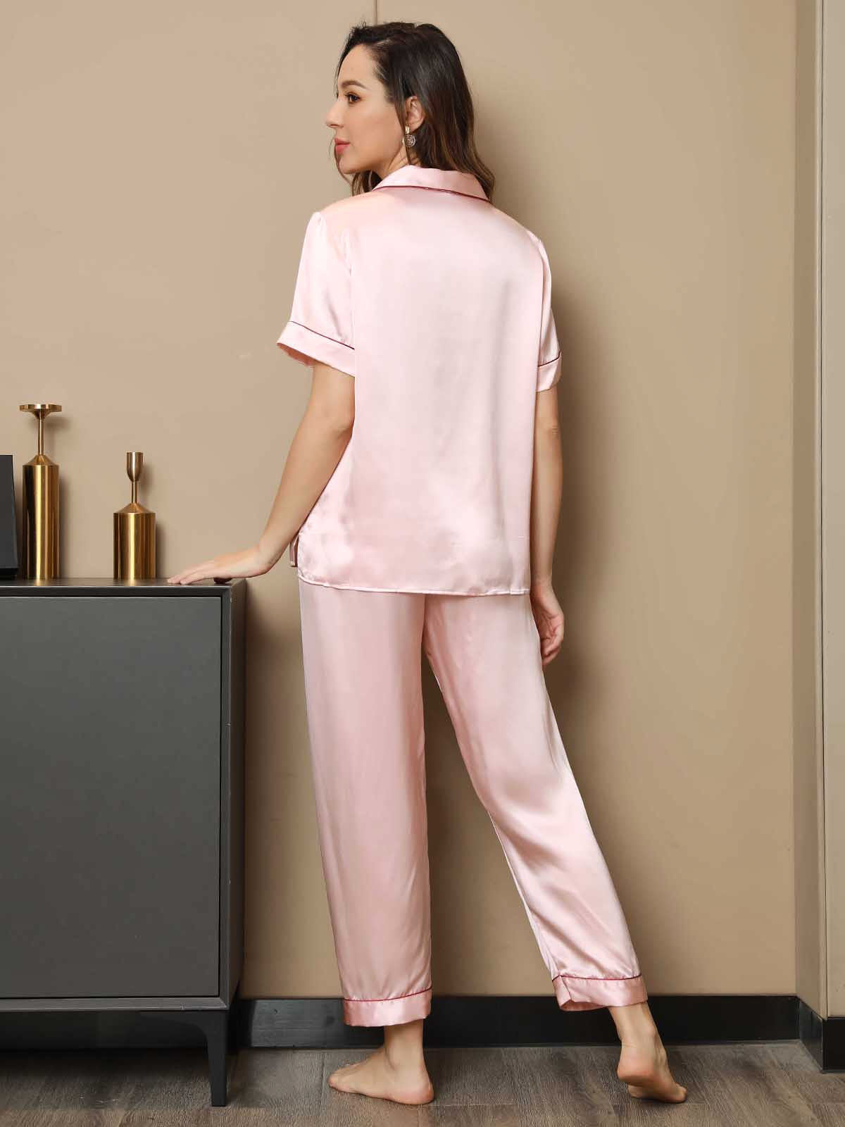 [Pink] SilkSilky-AU Pure Silk Short Sleeve Lapel Women's Pyjamas 002