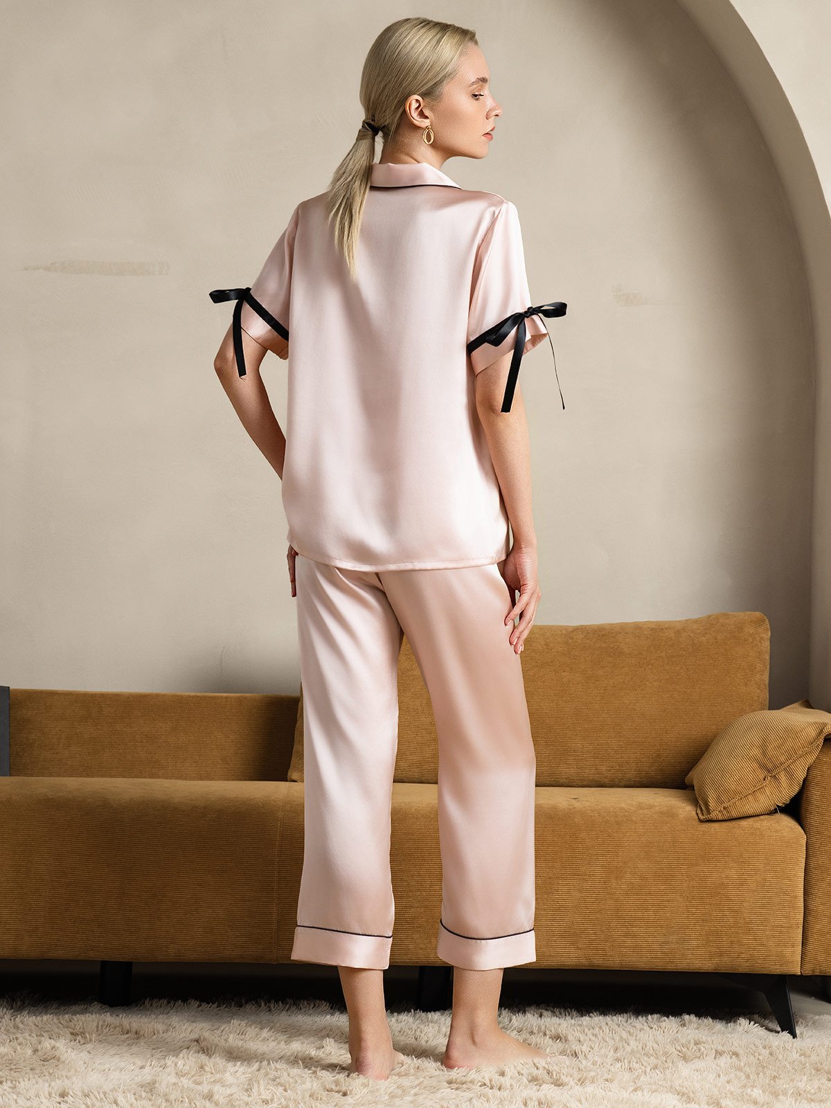 [Pink] SilkSilky-AU Pure Silk Short Sleeve Lapel Women's Pyjamas 002