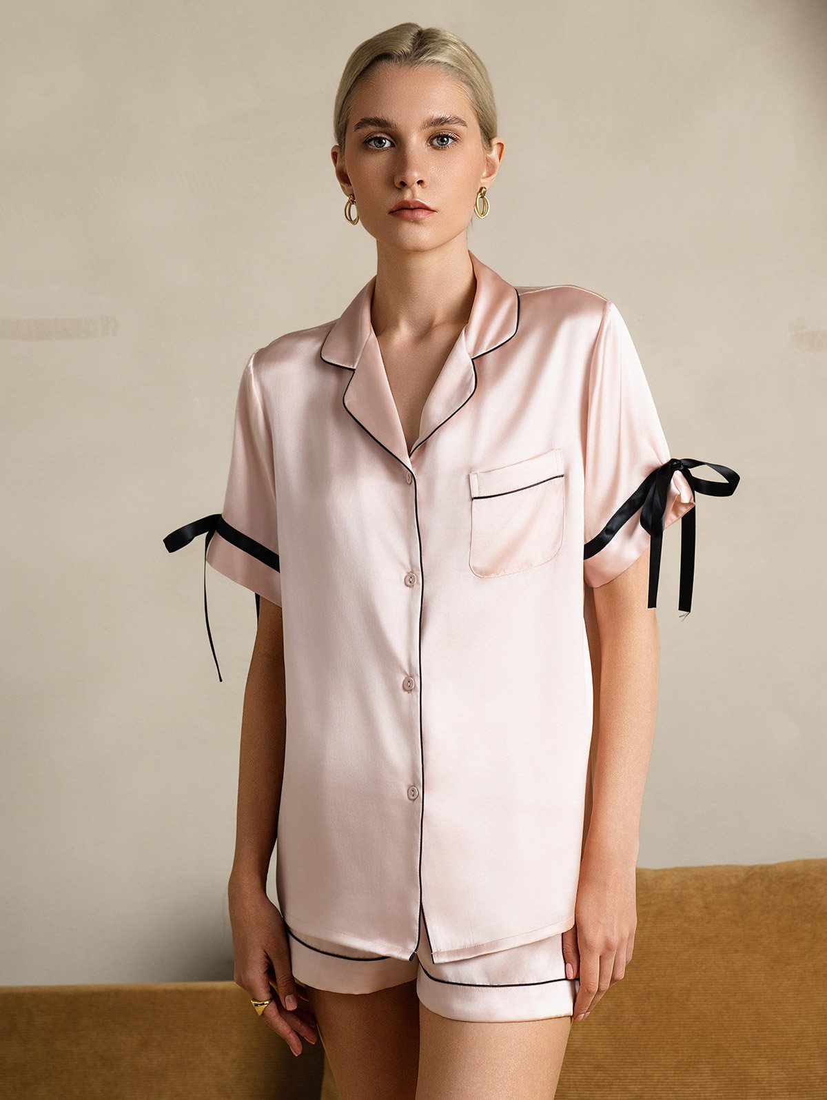 [Pink] SilkSilky-AU Pure Silk Short Sleeve Lapel Women's Pyjamas 004
