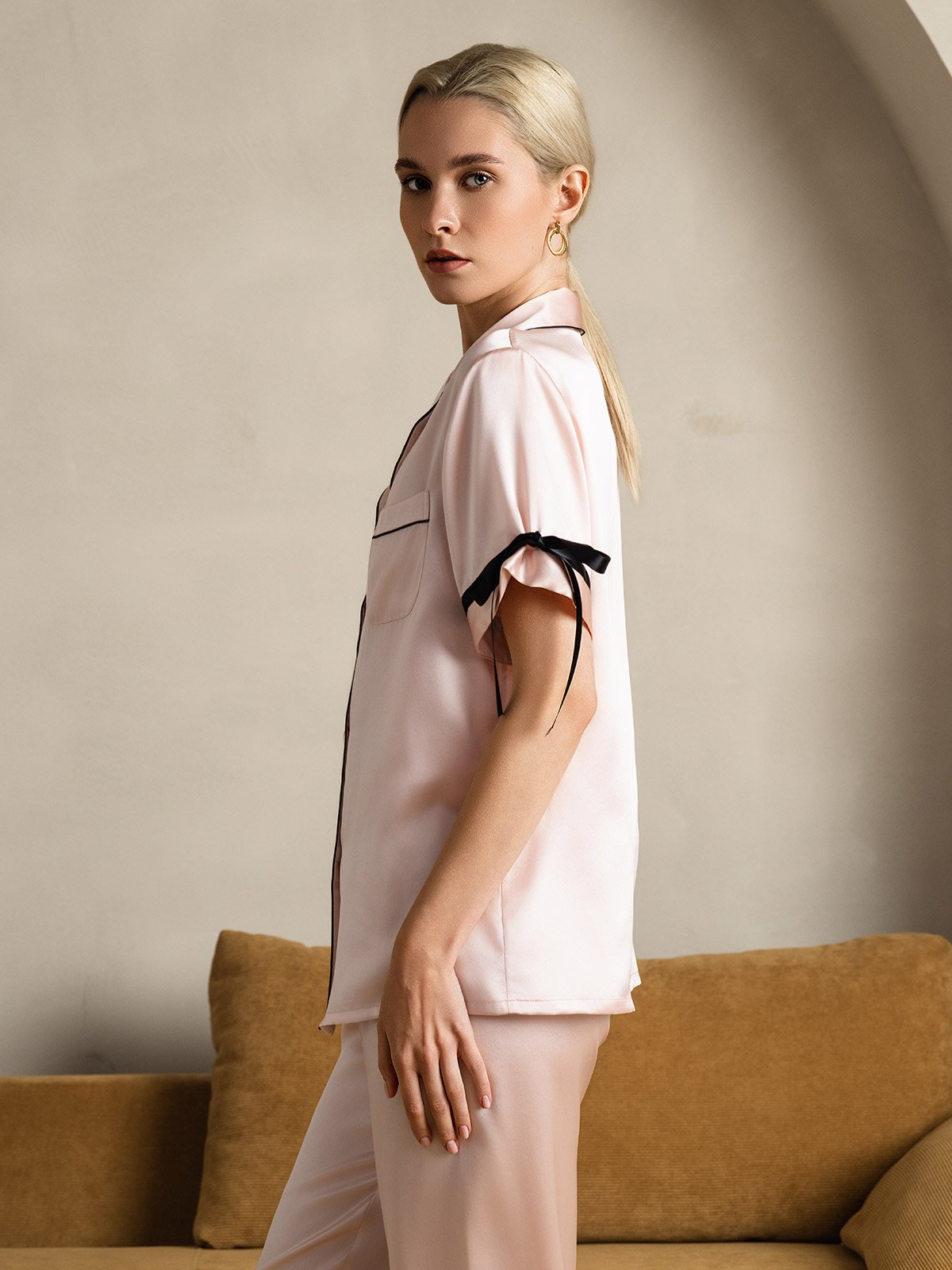 [Pink] SilkSilky-AU Pure Silk Short Sleeve Lapel Women's Pyjamas 004