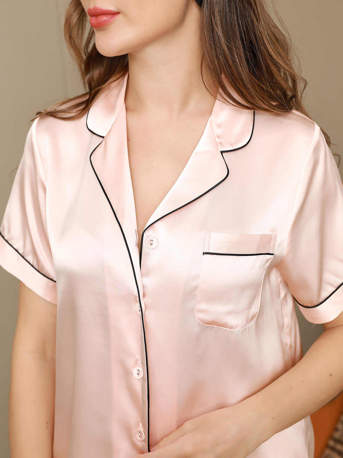 [Pink] SilkSilky-AU Pure Silk Short Sleeve Lapel Women's Pyjamas 008