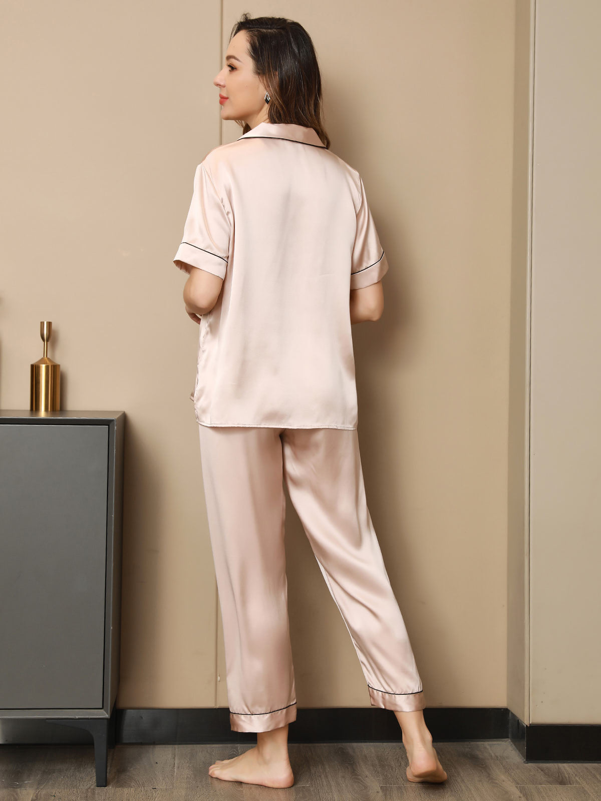 [Pink] SilkSilky-AU Pure Silk Short Sleeve Lapel Women's Pyjamas 009