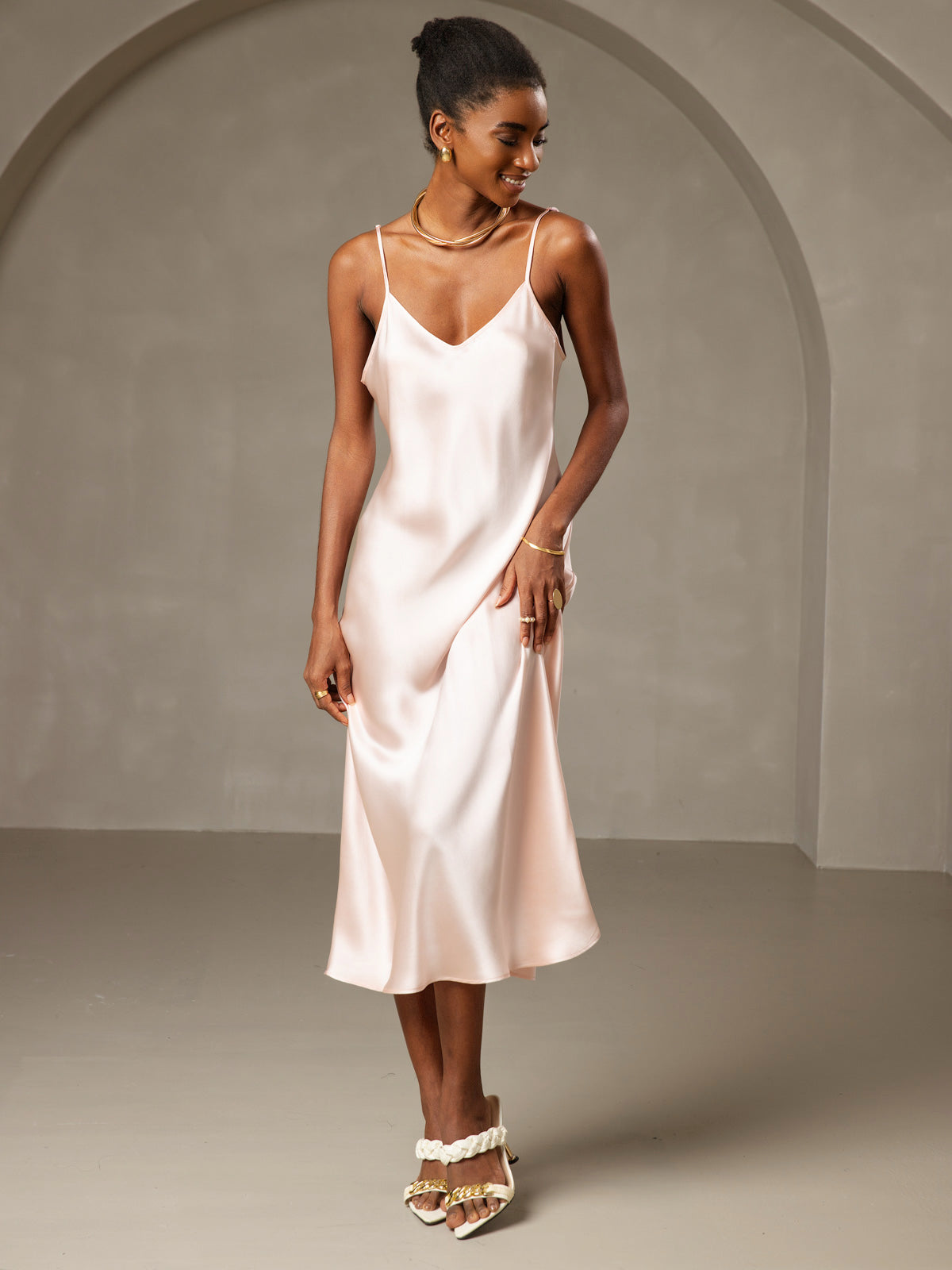 [Pink] SilkSilky-AU Pure Silk Sleeveless Round Neck Dress 001