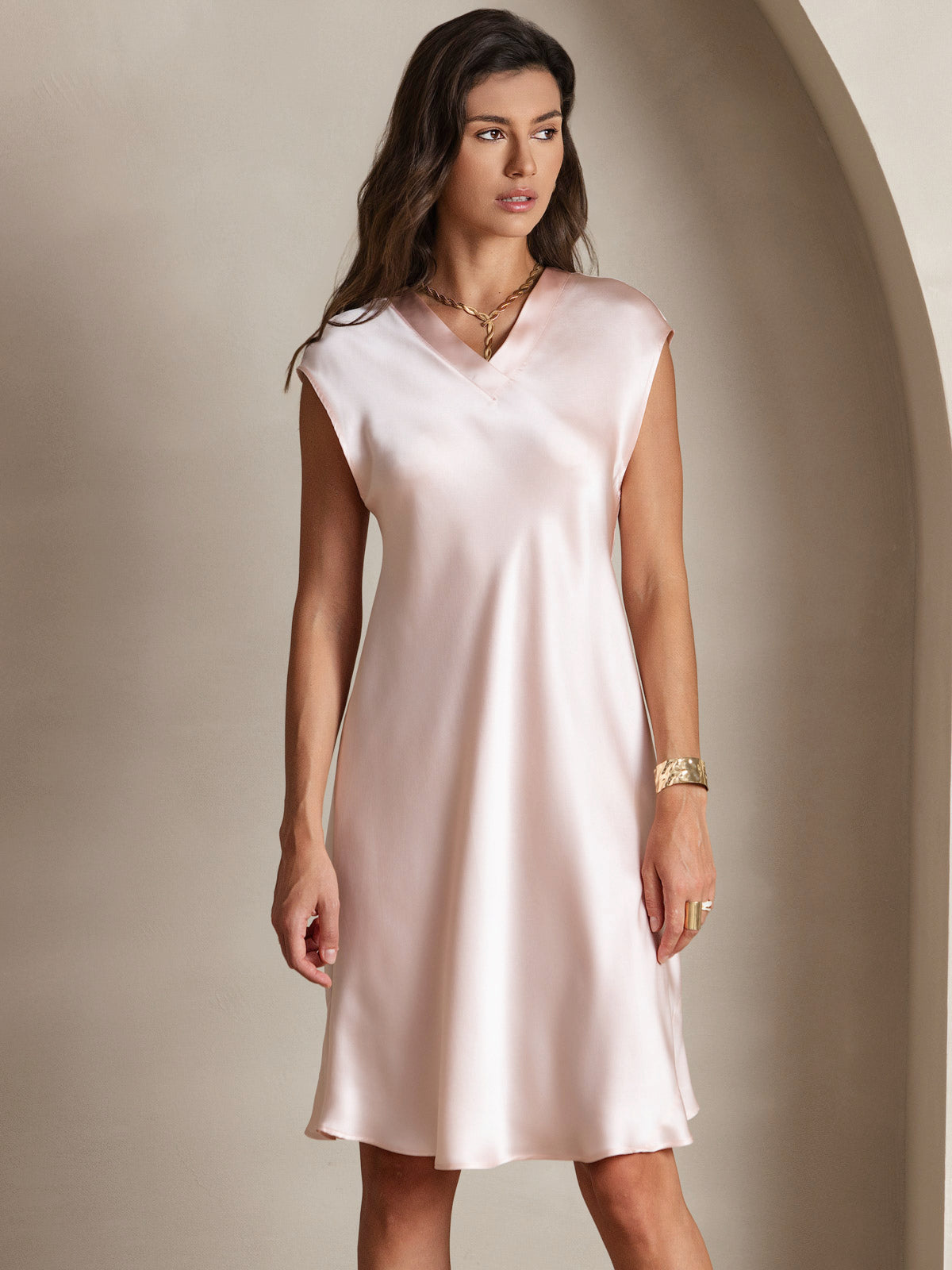 [Pink] SilkSilky-AU Pure Silk Sleeveless V Neck Dress 006