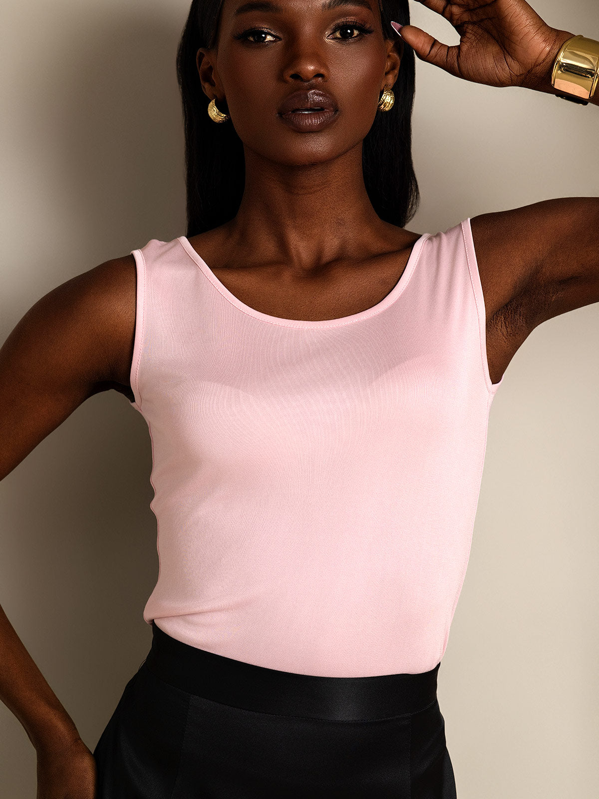 [Pink] SilkSilky-AU Silk Knitted Sleeveless Round Neck Women's T-Shirt 003