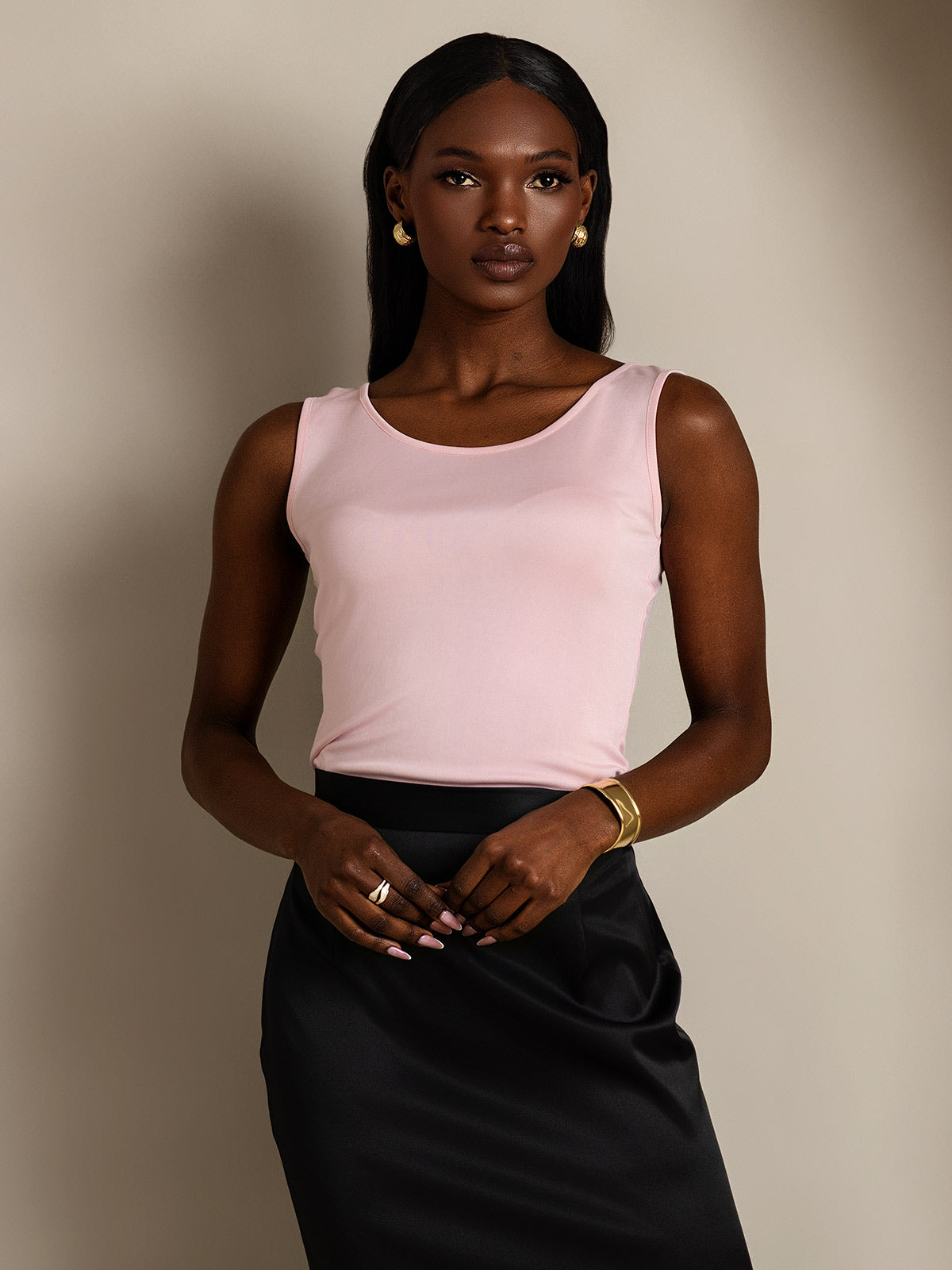[Pink] SilkSilky-AU Silk Knitted Sleeveless Round Neck Women's T-Shirt 004
