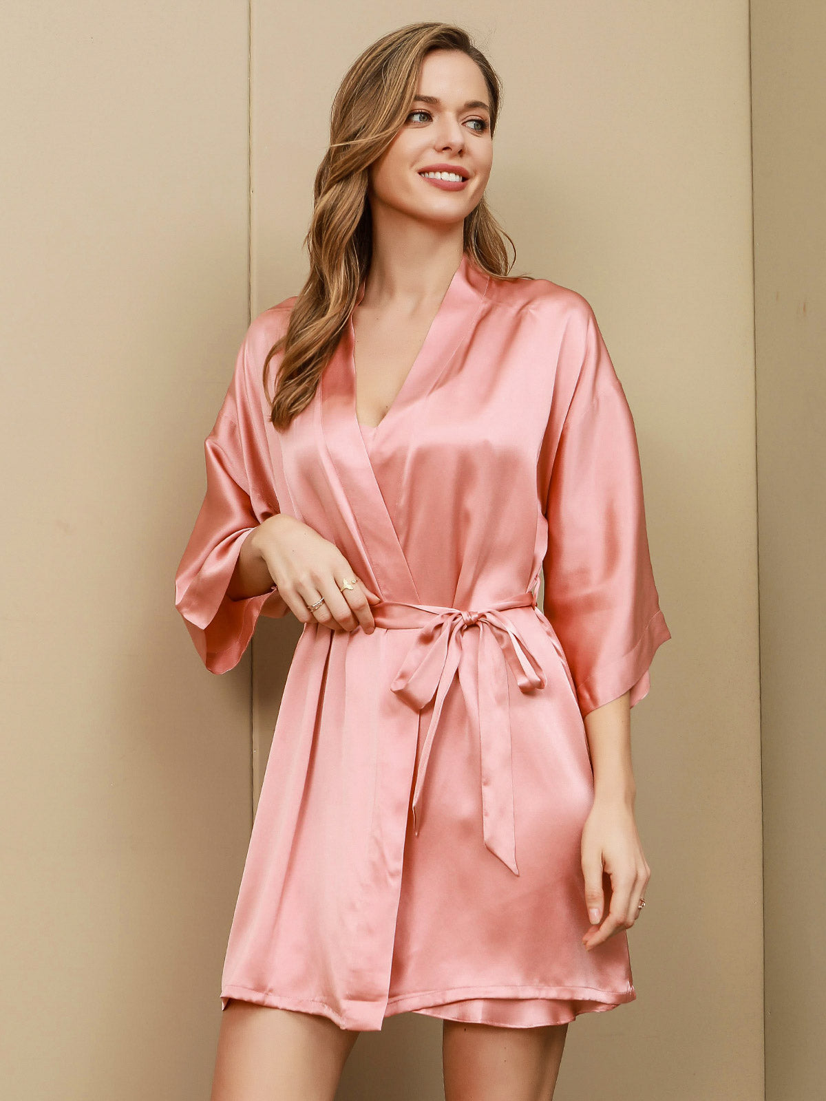 [Pink] SilkSilky-AU Pure Silk 3/4 Sleeve V Neck Nightgown&Dressing Gown Set 003