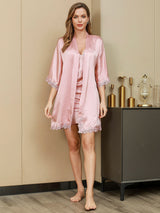 [Pink] SilkSilky-AU 3/4 Sleeve V Neck Nightgown&Dressing Gown Set 002