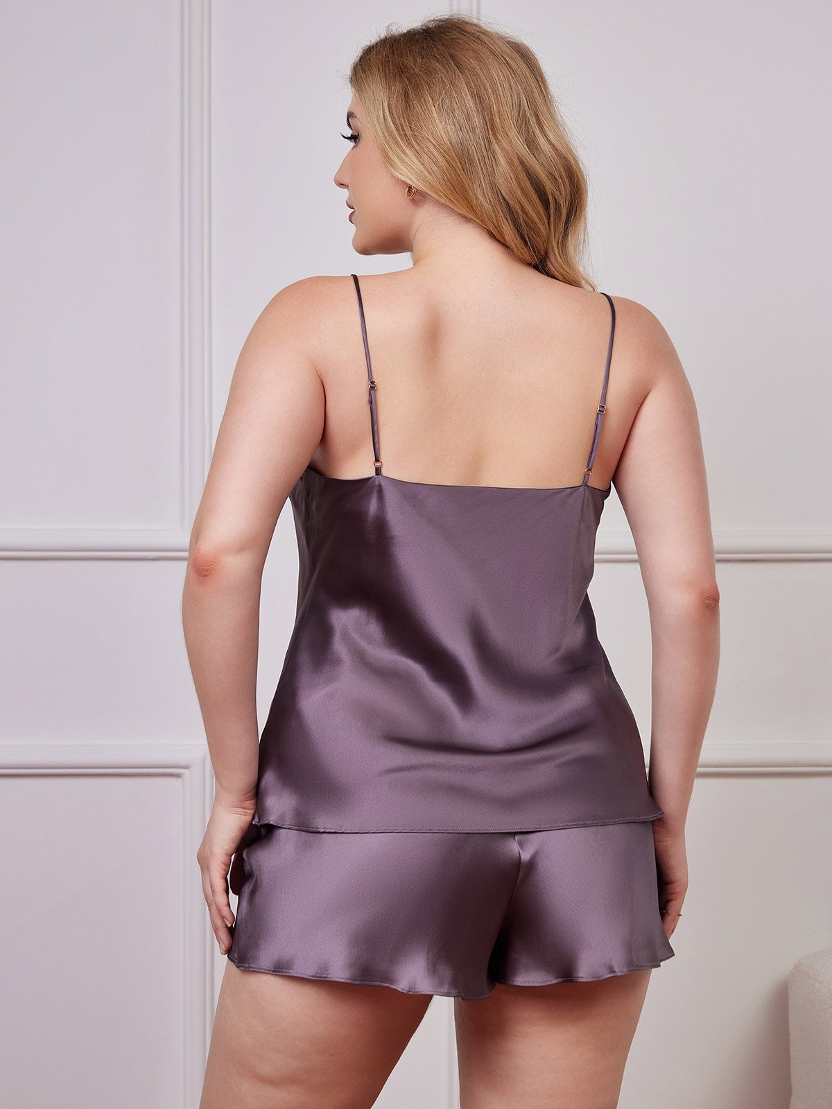 [Purple Gray] SilkSilky-AU Pure Silk Deep V Neck Plus Size Camisole Set 002