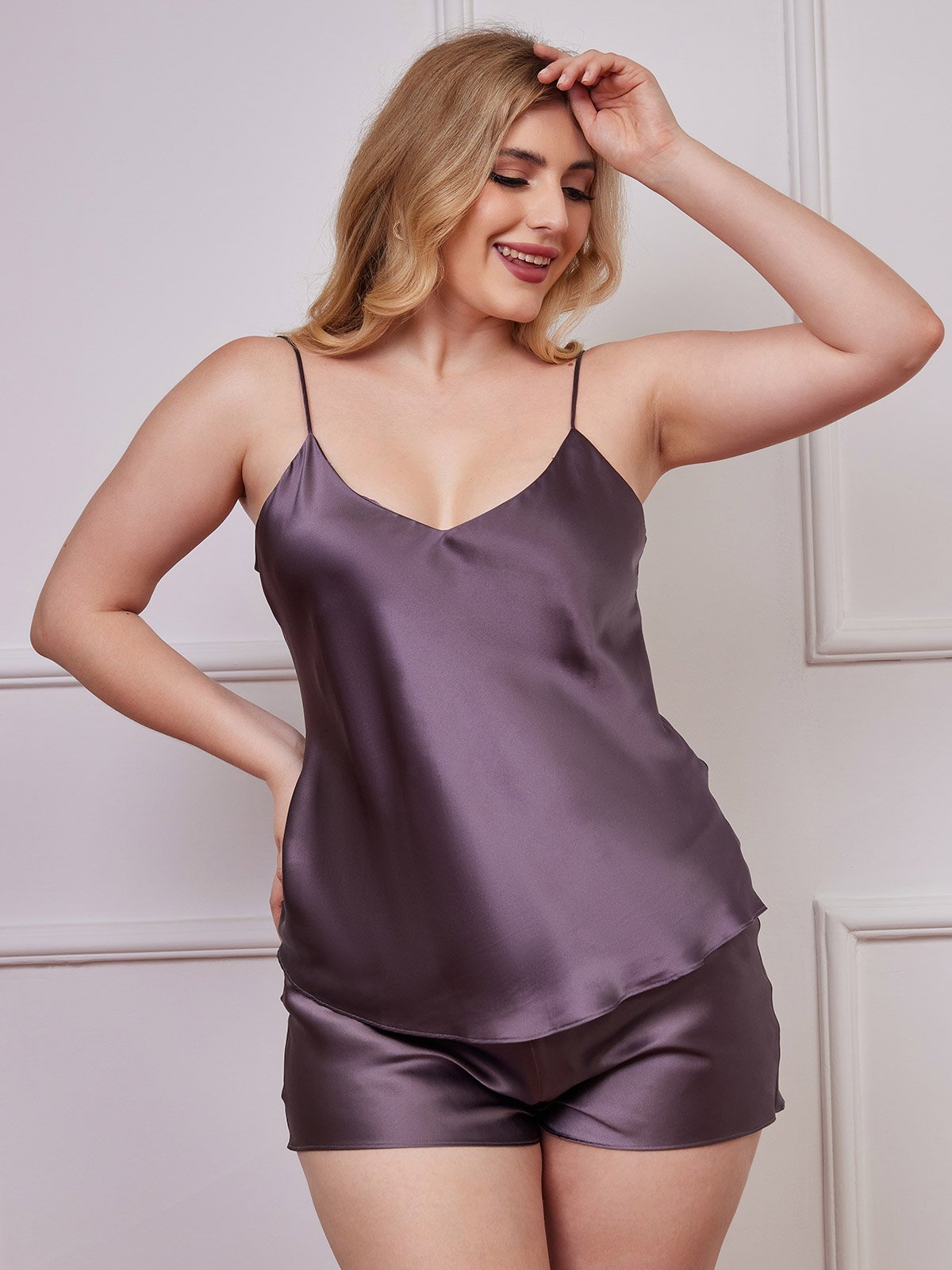 [Purple Gray] SilkSilky-AU Pure Silk Deep V Neck Plus Size Camisole Set 003