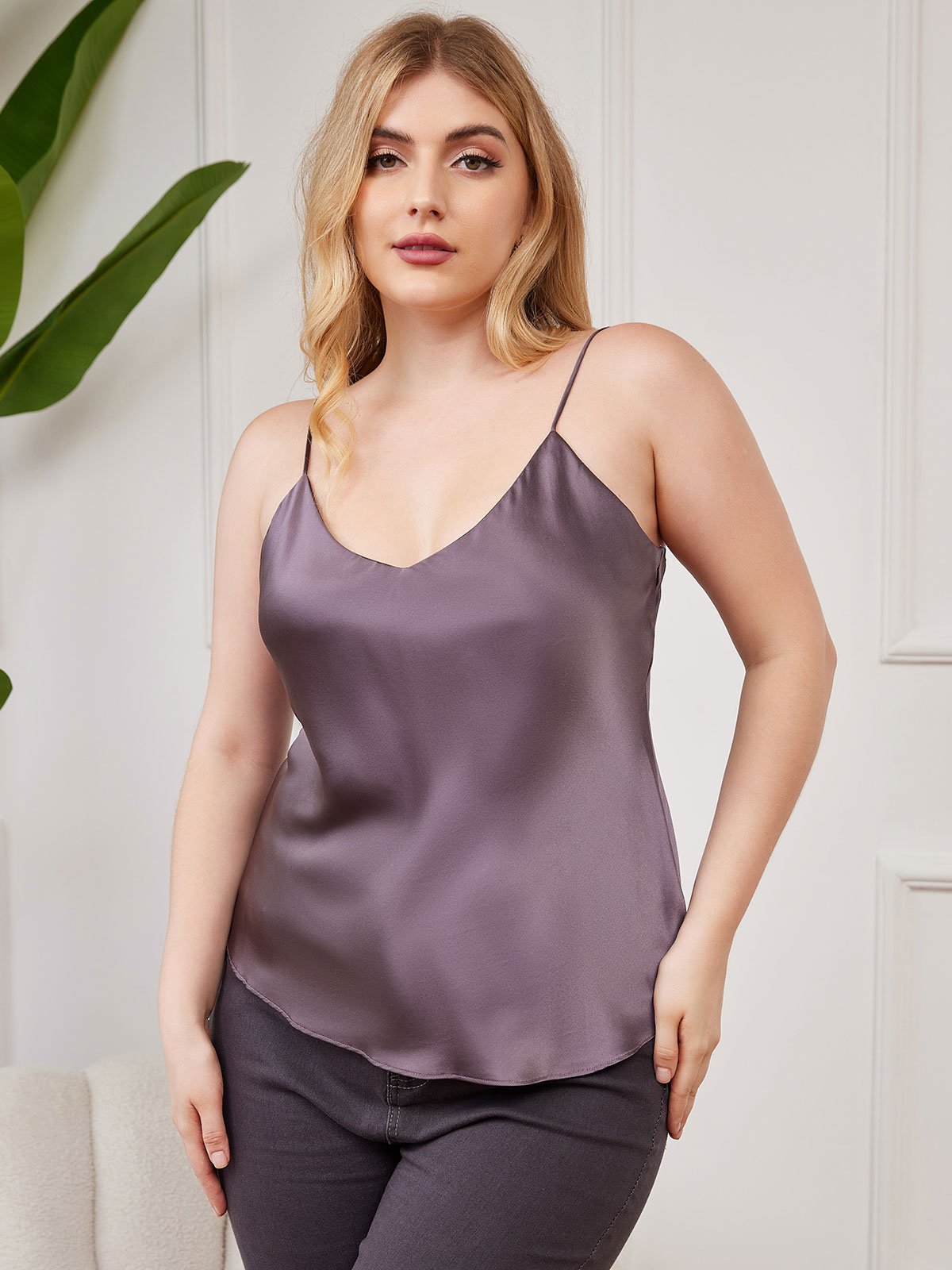 [Purple Gray] SilkSilky-AU Pure Silk Deep V Neck Plus Size Camisole Top 003