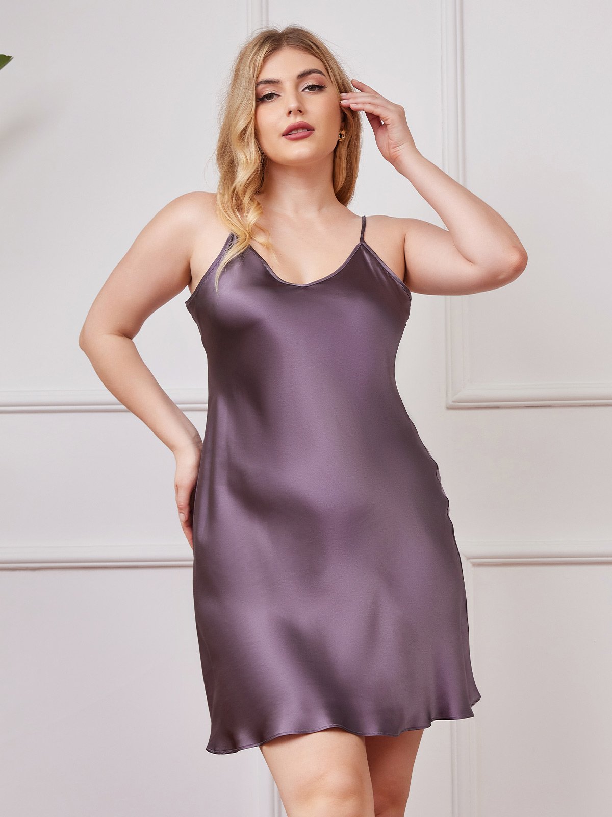 [Purple Gray] SilkSilky-AU Pure Silk Deep V Neck Plus Size Dress 003