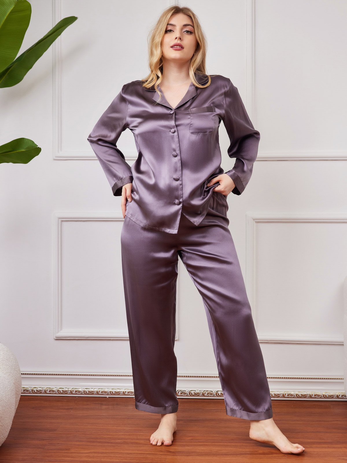 [Purple Gray] SilkSilky-AU Pure Silk Long Sleeve Lapel Plus Size Pyjamas 005