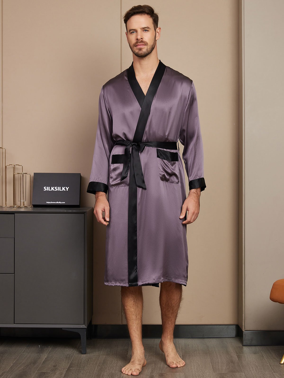 [Purple Gray] SilkSilky-AU Pure Silk Long Sleeve Mens Robe 001