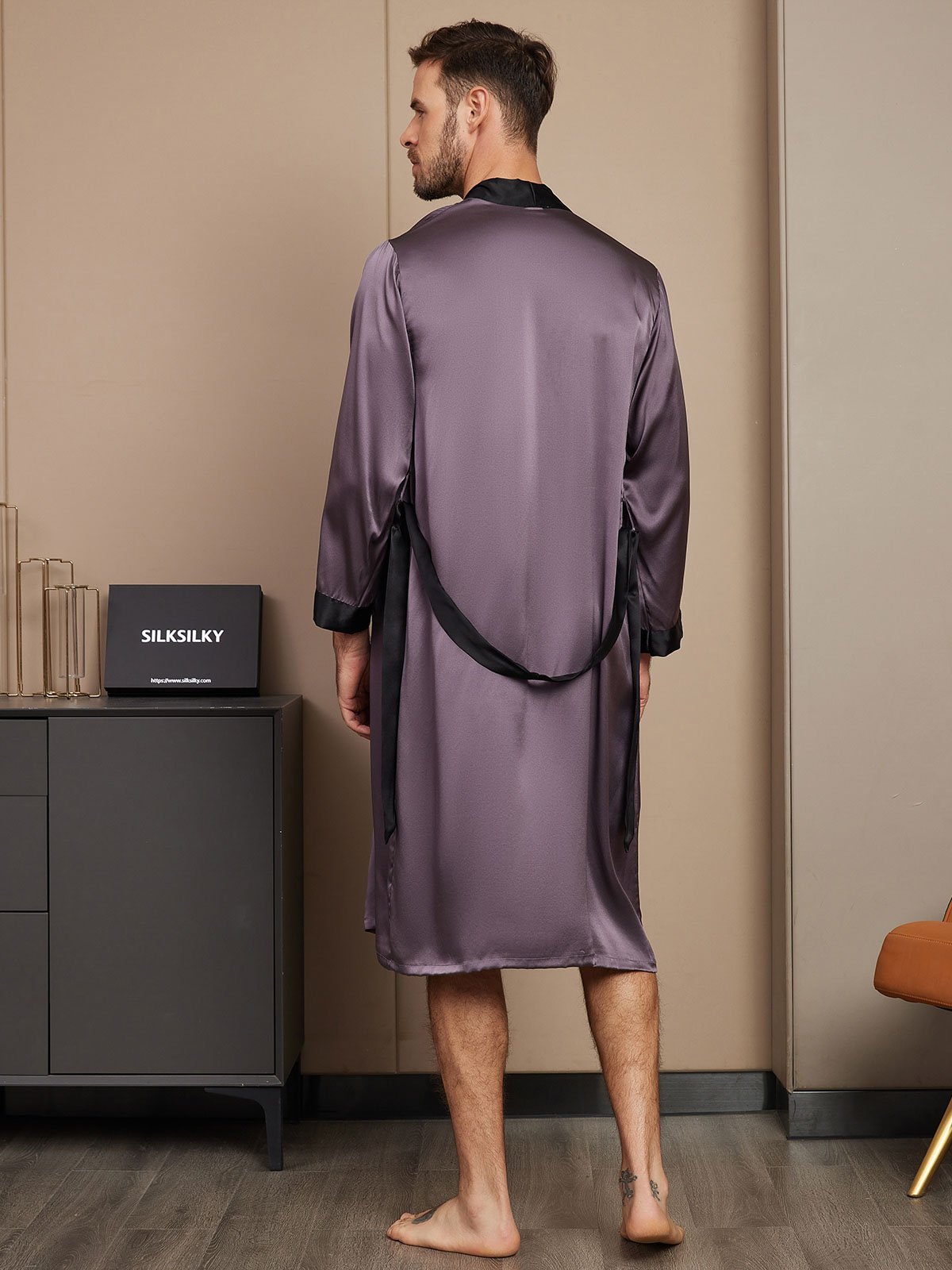 [Purple Gray] SilkSilky-AU Pure Silk Long Sleeve Mens Robe 002