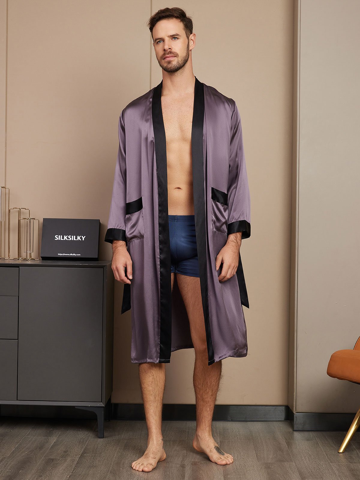 [Purple Gray] SilkSilky-AU Pure Silk Long Sleeve Mens Robe 003