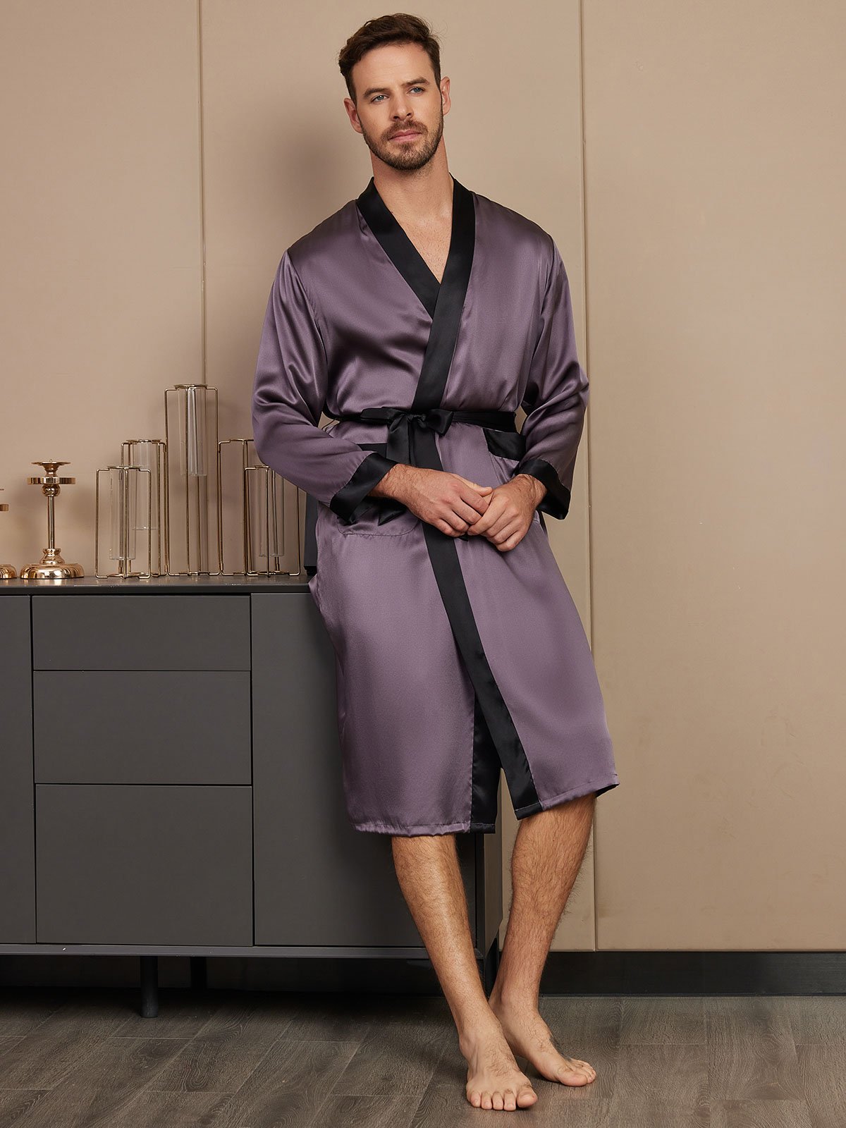[Purple Gray] SilkSilky-AU Pure Silk Long Sleeve Mens Robe 004