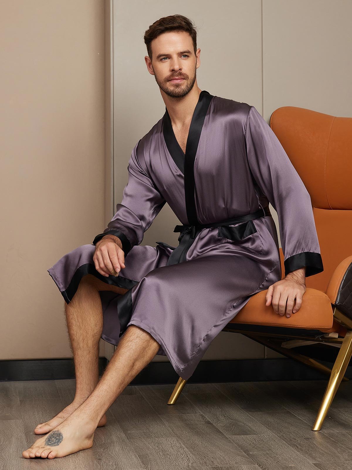 [Purple Gray] SilkSilky-AU Pure Silk Long Sleeve Mens Robe 005