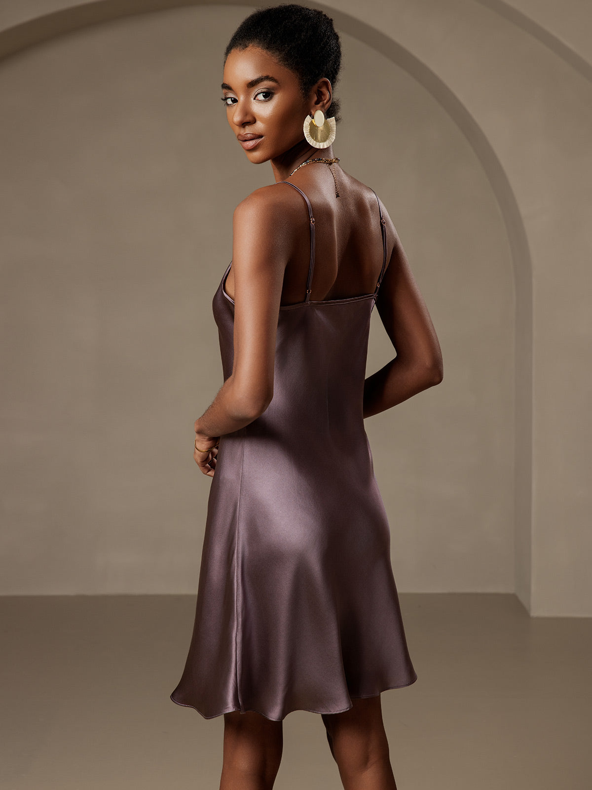 [Purple Gray] SilkSilky-AU Pure Silk Sleeveless V Neck Dress 002