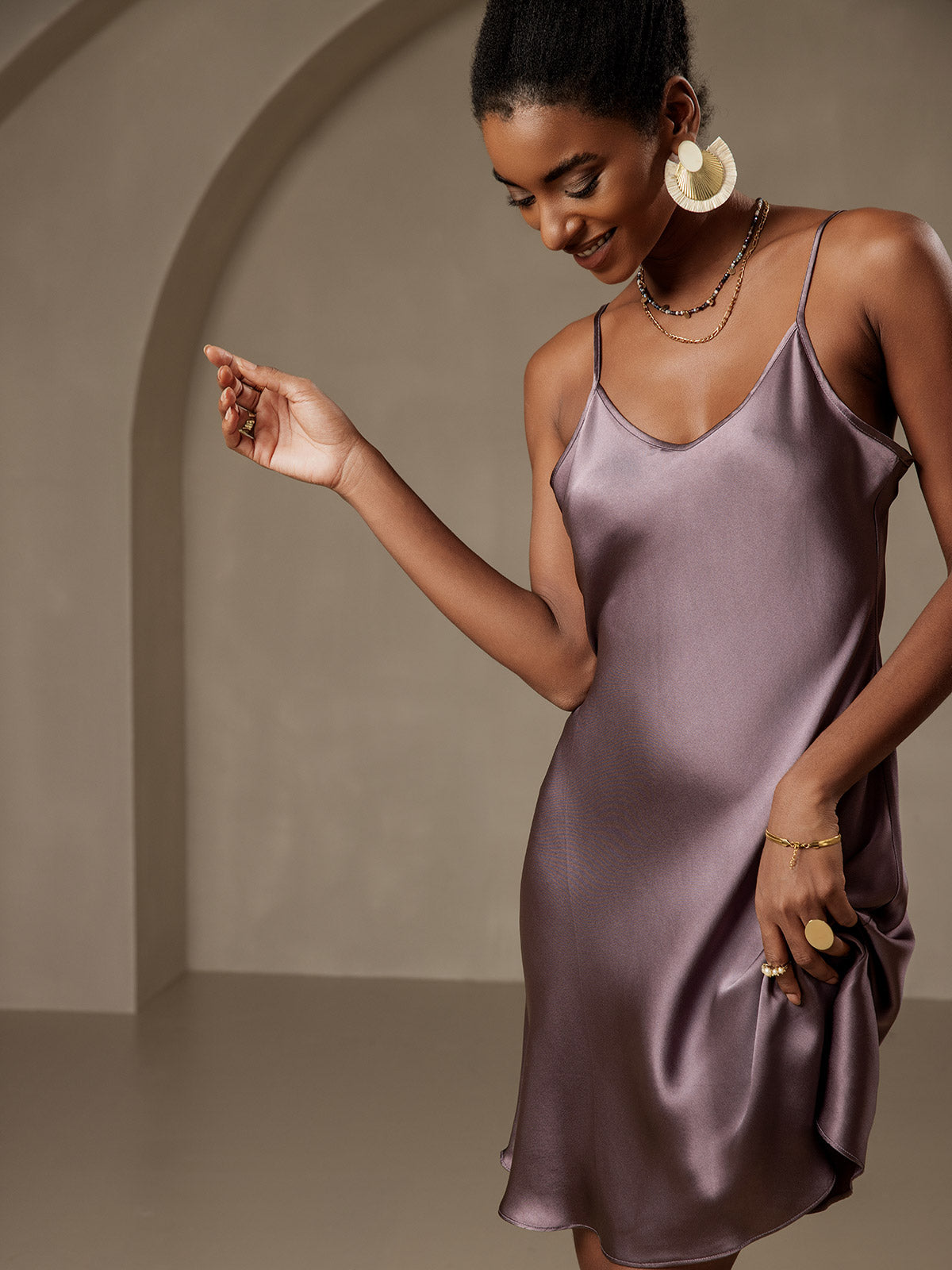 [Purple Gray] SilkSilky-AU Pure Silk Sleeveless V Neck Dress 003