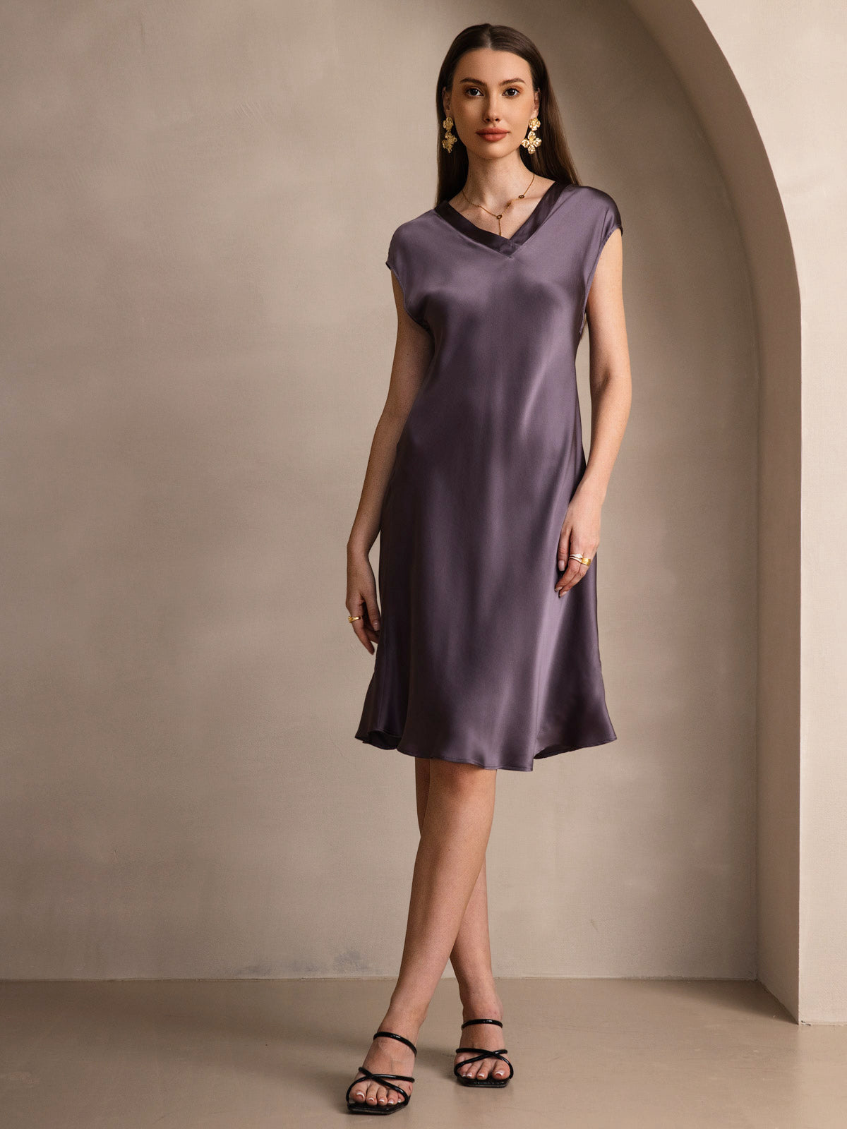 [Purple Gray] SilkSilky-AU Pure Silk Sleeveless V Neck Dress 003
