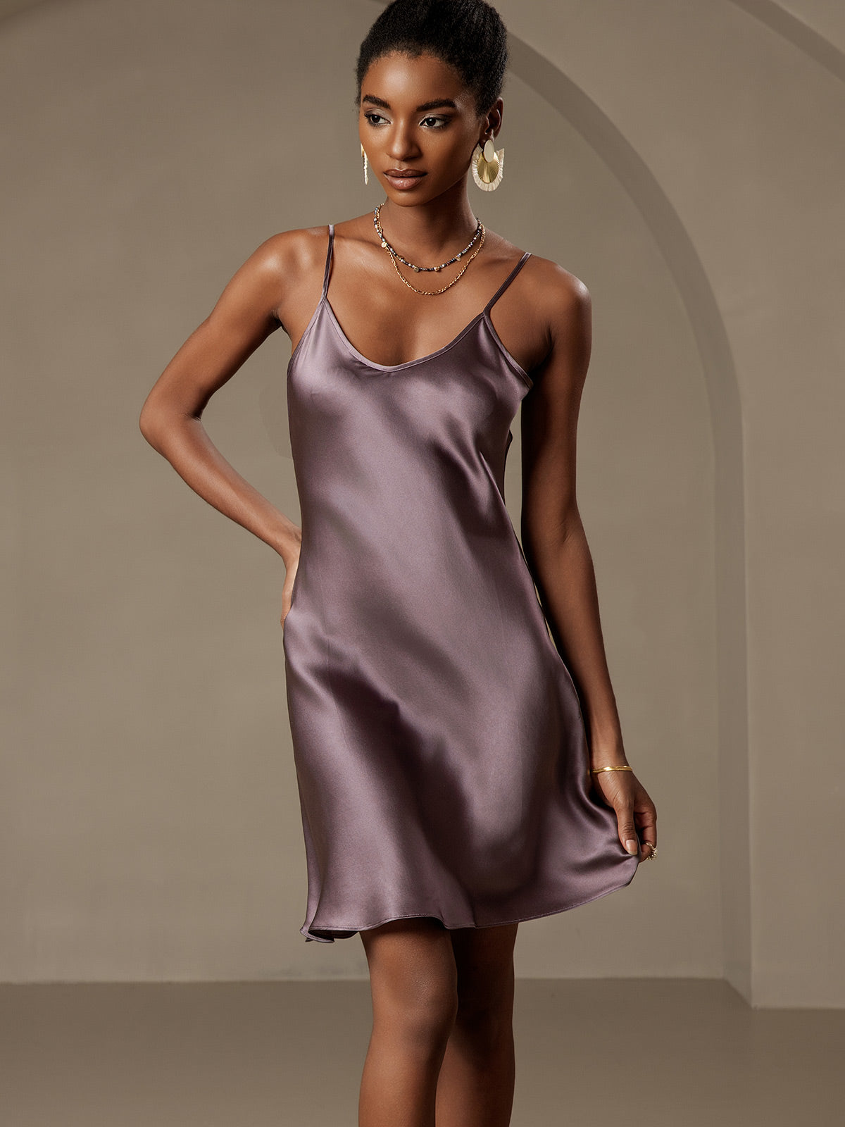 [Purple Gray] SilkSilky-AU Pure Silk Sleeveless V Neck Dress 005