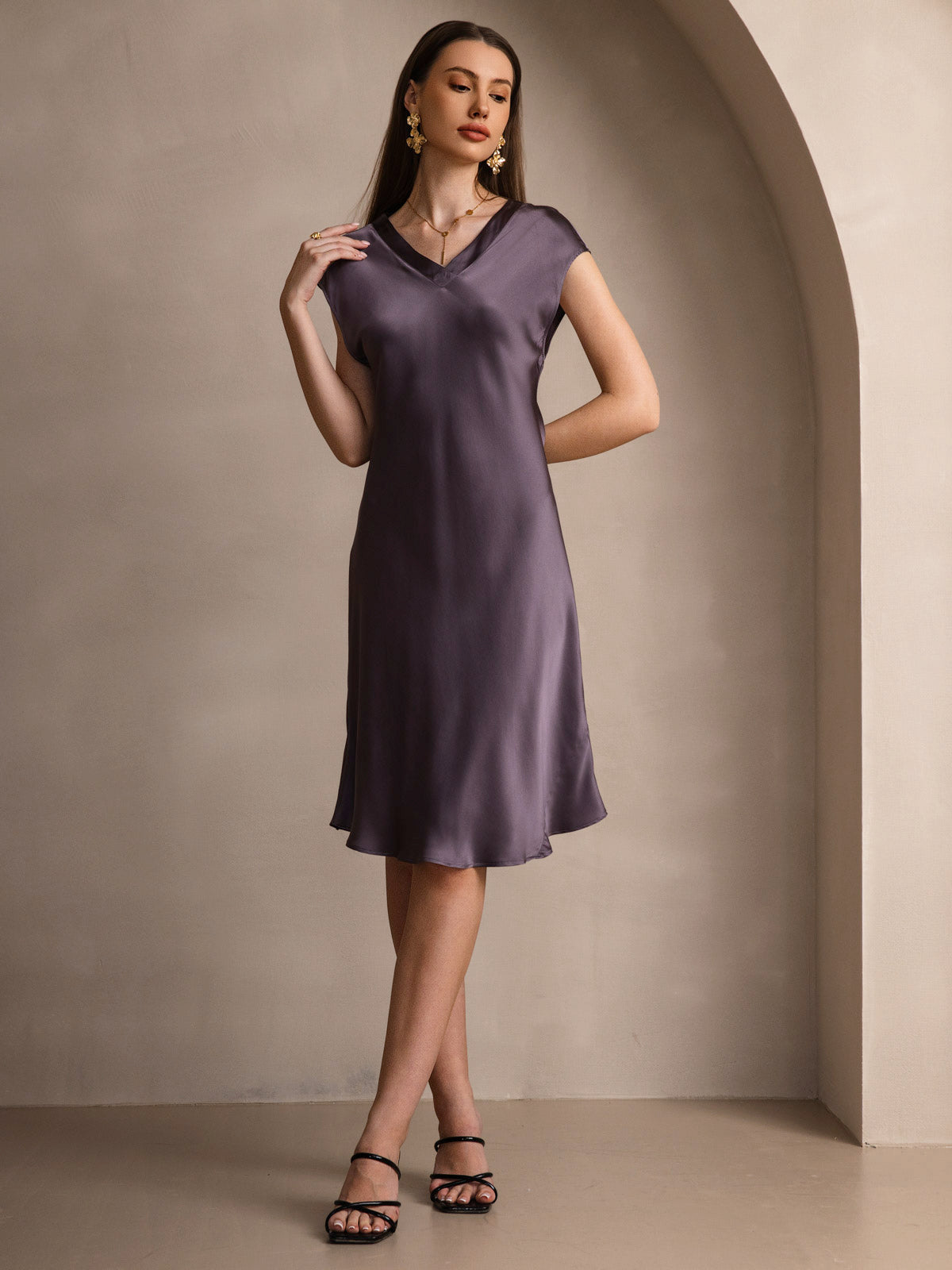 [Purple Gray] SilkSilky-AU Pure Silk Sleeveless V Neck Dress 005