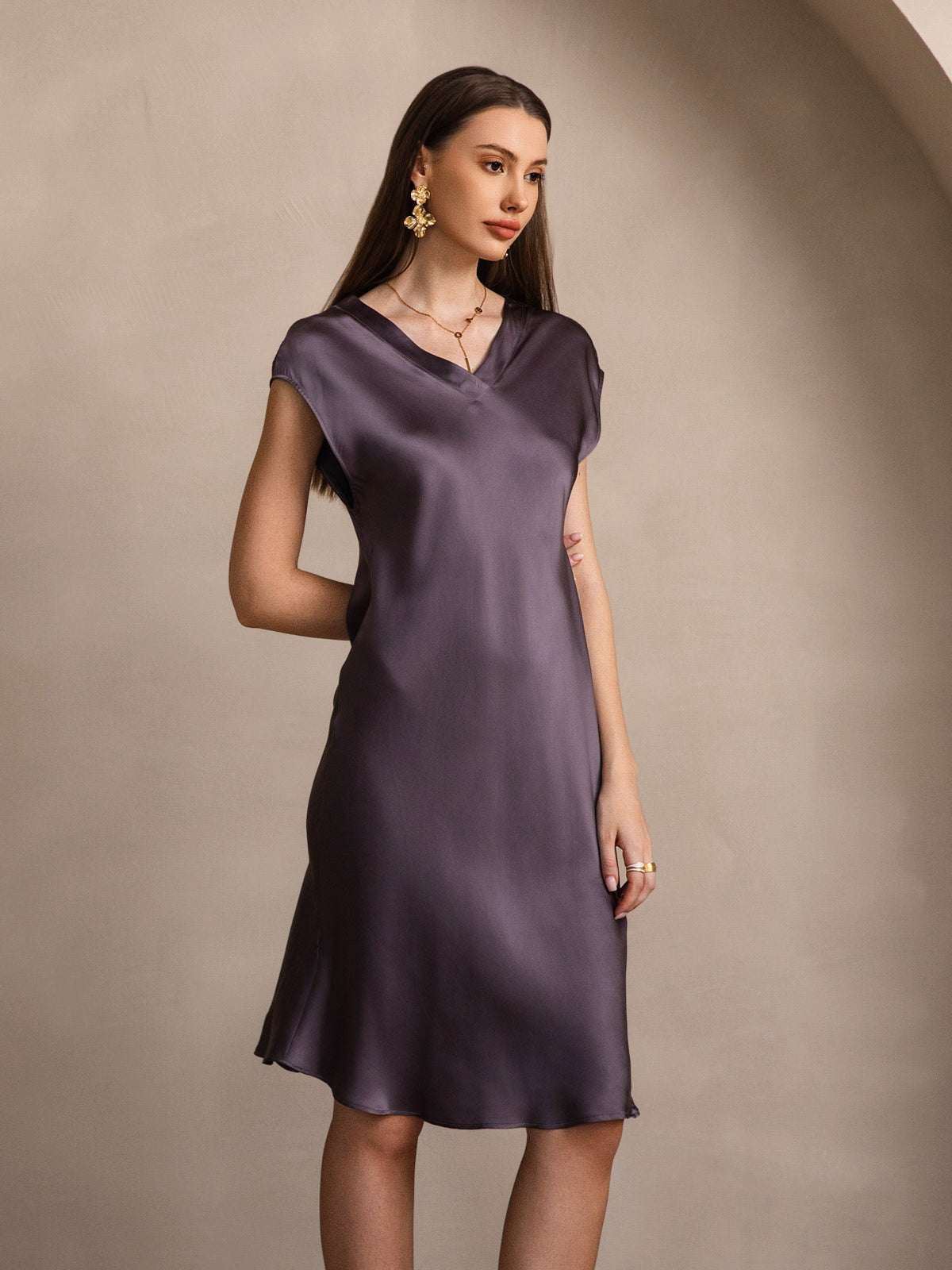 [Purple Gray] SilkSilky-AU Pure Silk Sleeveless V Neck Dress 006