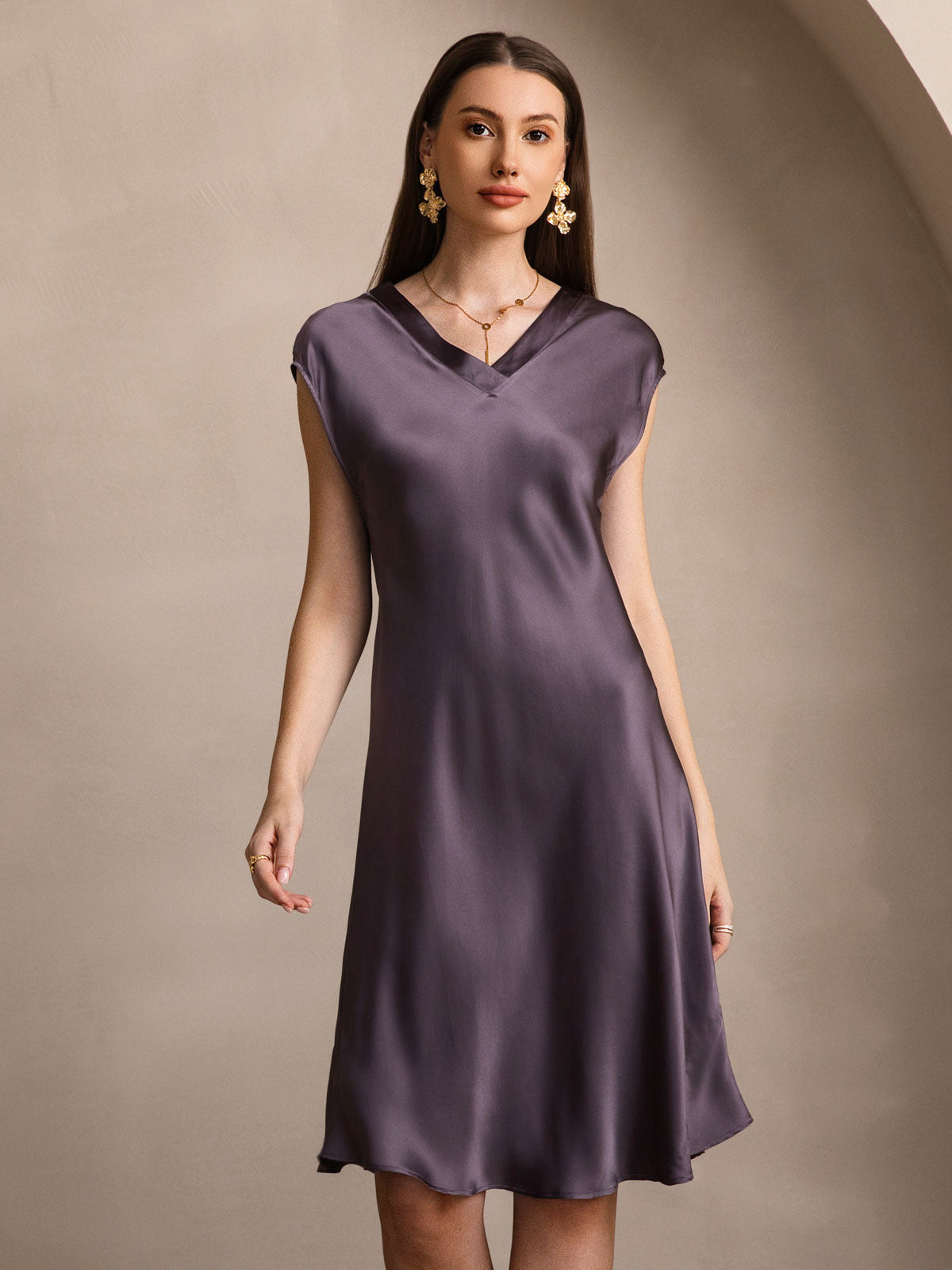 [Purple Gray] SilkSilky-AU Pure Silk Sleeveless V Neck Nightgown 003