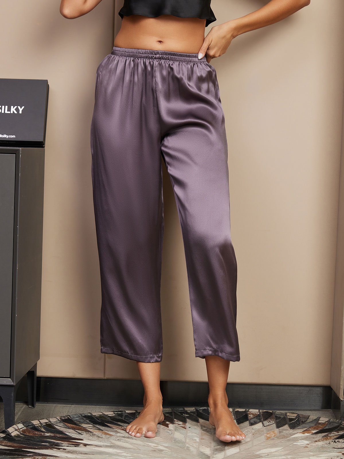 [Purple Gray] SilkSilky-AU Pure Silk Womens Sleep Bottoms 001