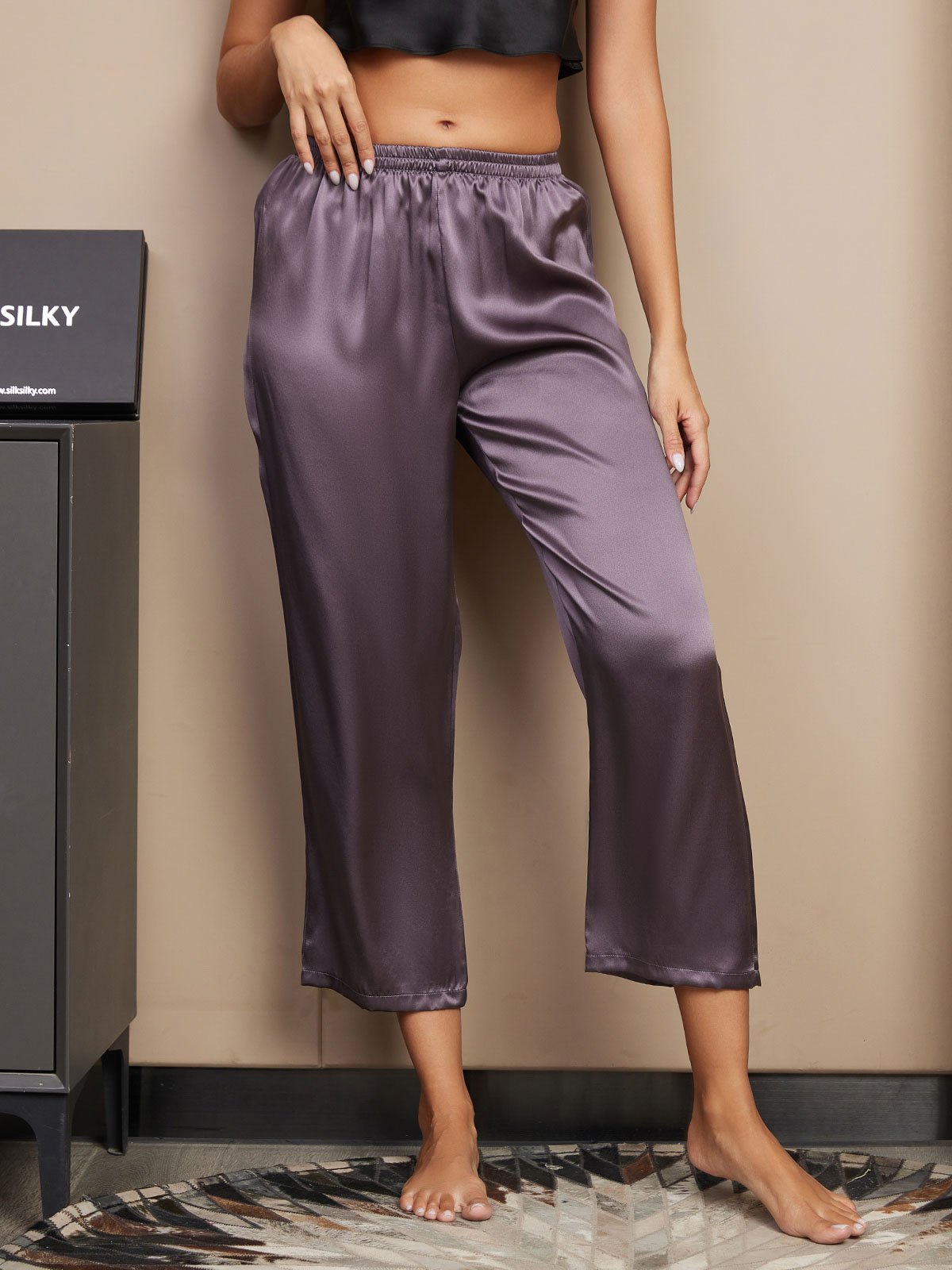 [Purple Gray] SilkSilky-AU Pure Silk Womens Sleep Bottoms 003