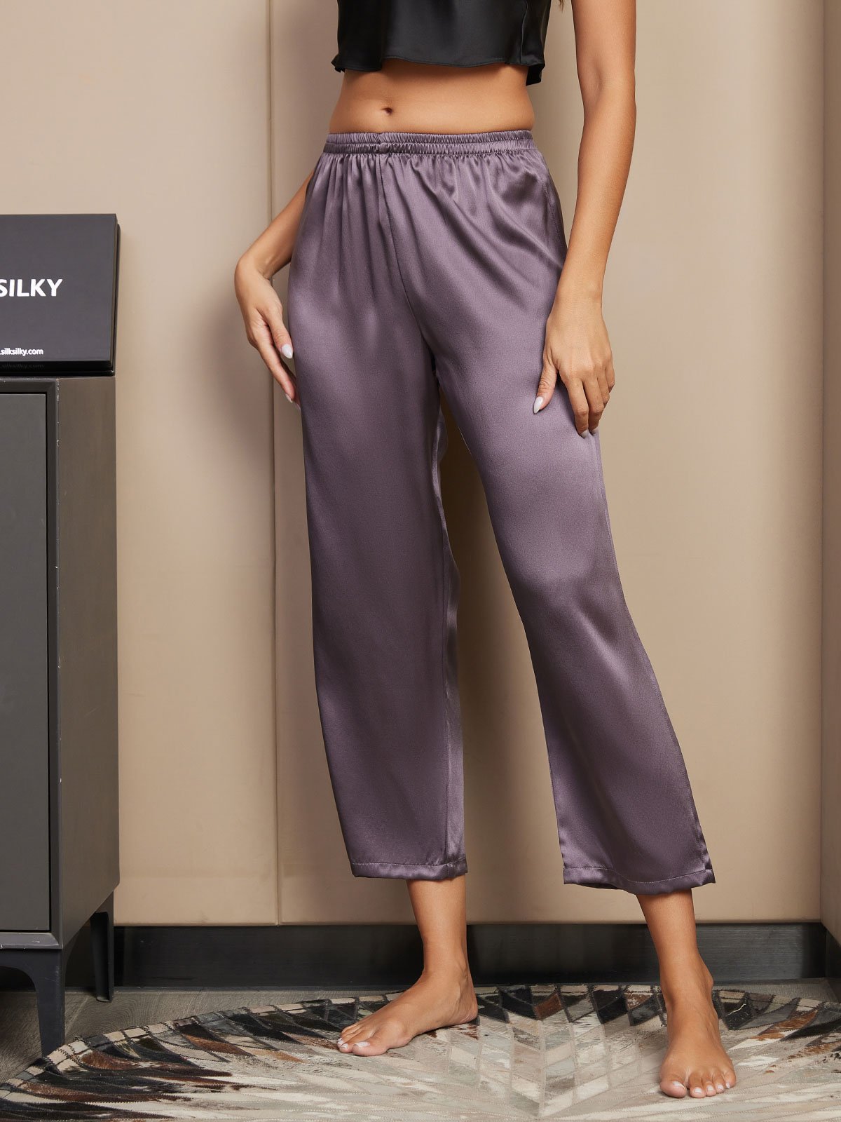 [Purple Gray] SilkSilky-AU Pure Silk Womens Sleep Bottoms 004
