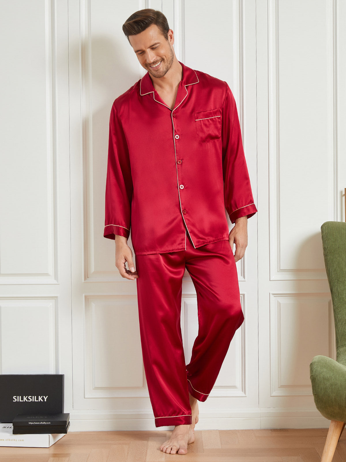 [Red] SilkSilky-AU 19Momme Pure Silk Long Sleeve Lapel Men's Pyjamas 001