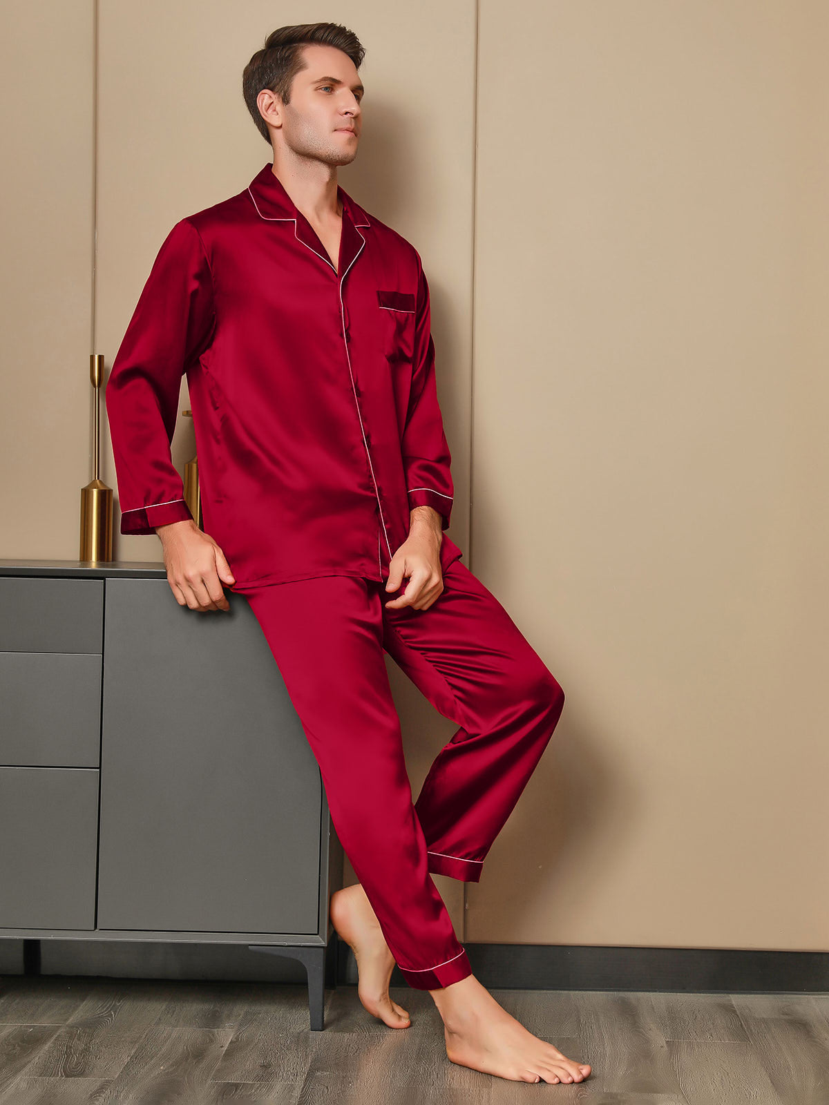 [Red] SilkSilky-AU 19Momme Pure Silk Long Sleeve Lapel Men's Pyjamas 001