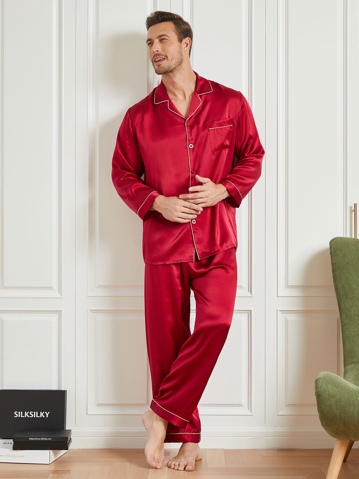 [Red] SilkSilky-AU 19Momme Pure Silk Long Sleeve Lapel Men's Pyjamas 002
