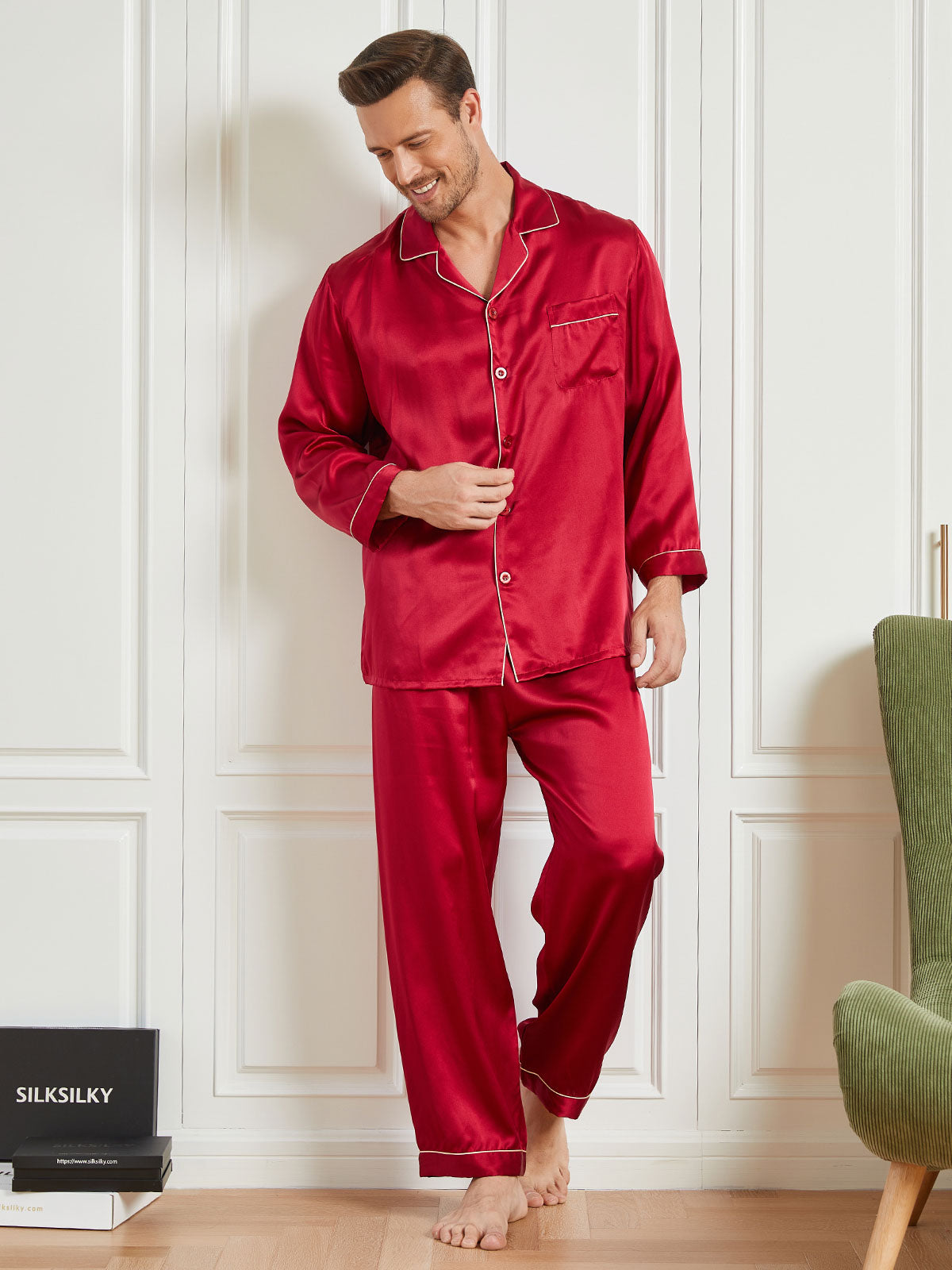 [Red] SilkSilky-AU 19Momme Pure Silk Long Sleeve Lapel Men's Pyjamas 003