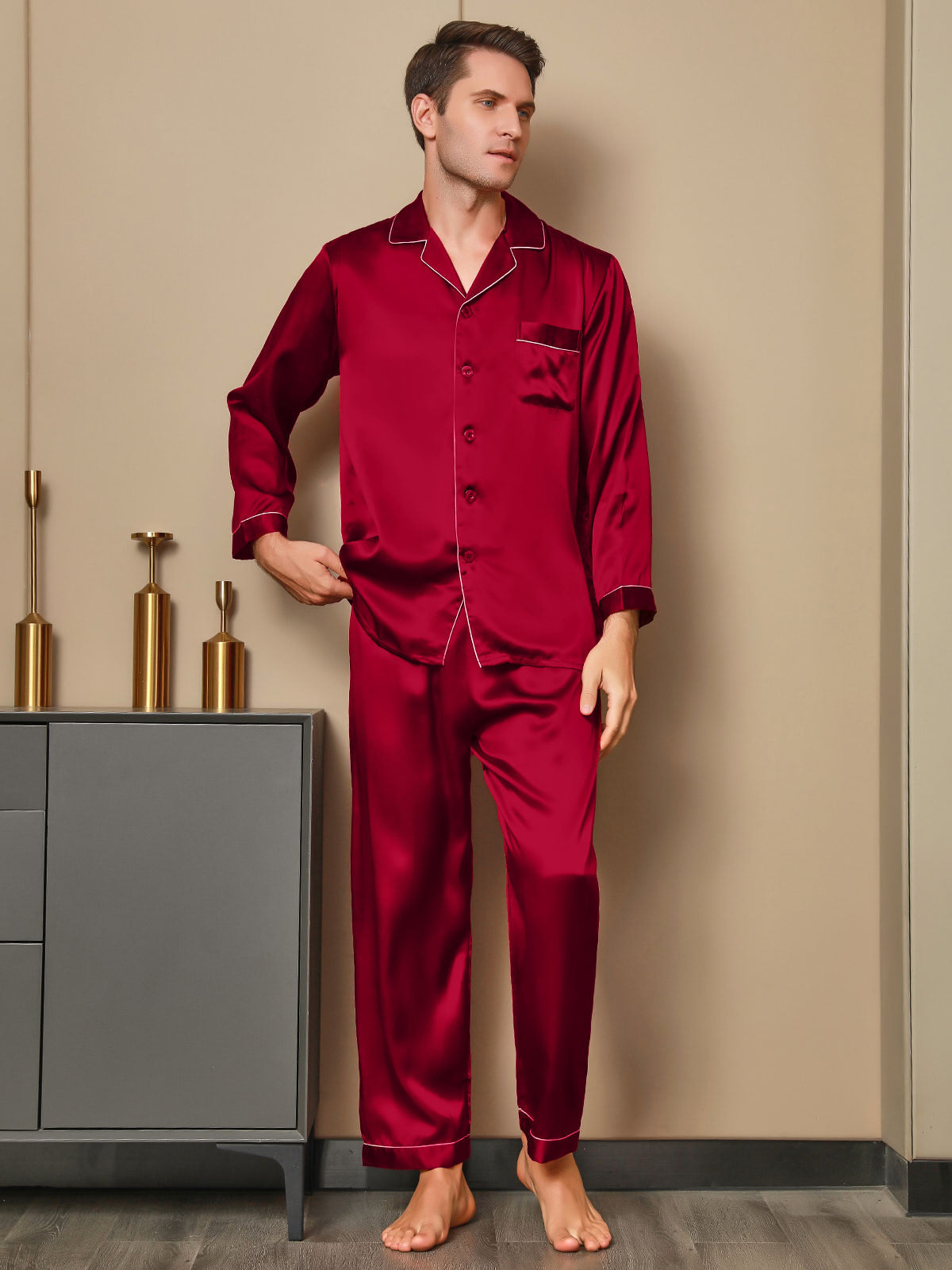 [Red] SilkSilky-AU 19Momme Pure Silk Long Sleeve Lapel Men's Pyjamas 003