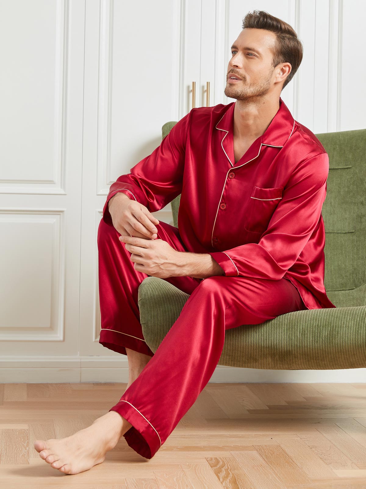 [Red] SilkSilky-AU 19Momme Pure Silk Long Sleeve Lapel Men's Pyjamas 004