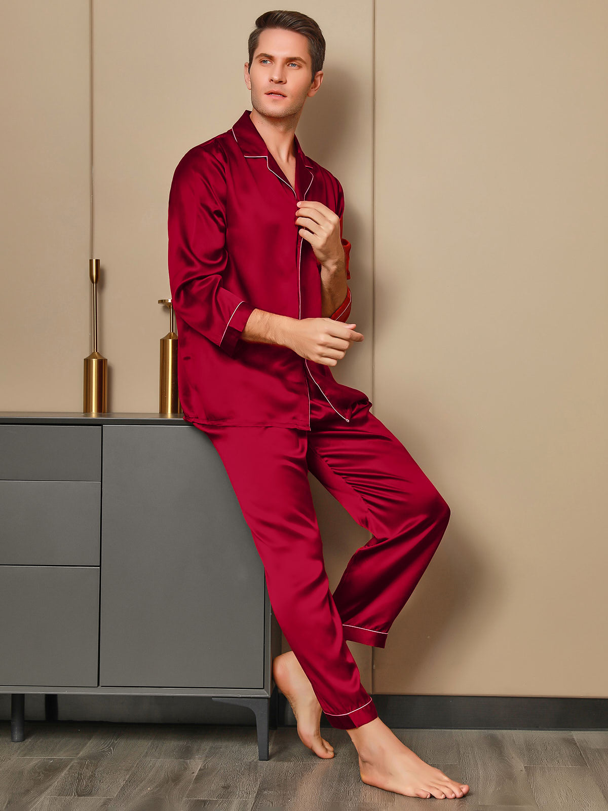 [Red] SilkSilky-AU 19Momme Pure Silk Long Sleeve Lapel Men's Pyjamas 004