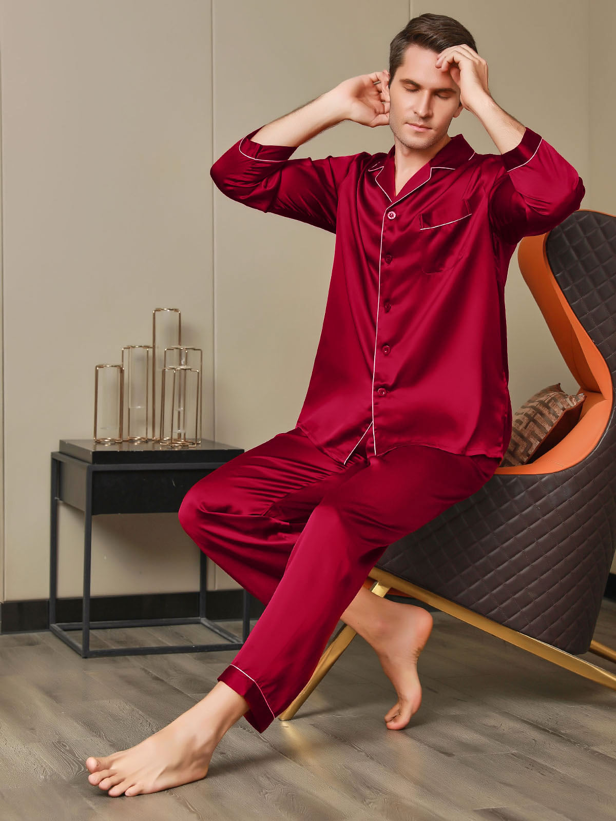 [Red] SilkSilky-AU 19Momme Pure Silk Long Sleeve Lapel Men's Pyjamas 005