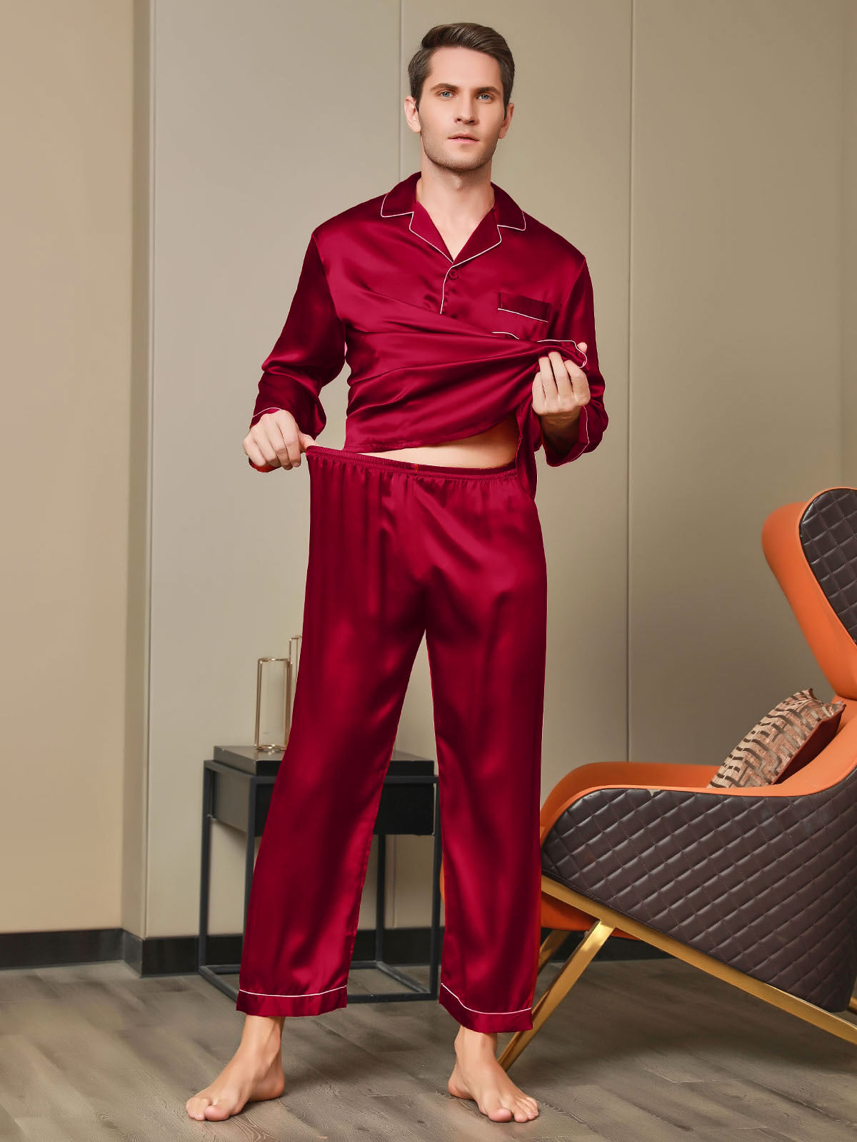 [Red] SilkSilky-AU 19Momme Pure Silk Long Sleeve Lapel Men's Pyjamas 007