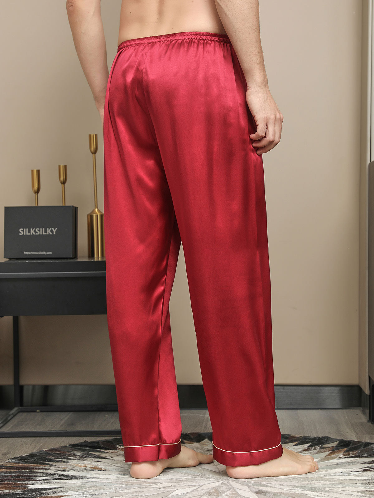 [Red] SilkSilky-AU Pure Silk Mens Sleep Bottoms 002