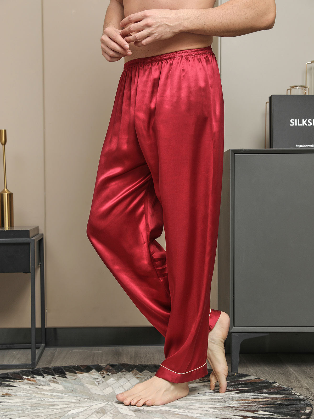 [Red] SilkSilky-AU Pure Silk Mens Sleep Bottoms 003
