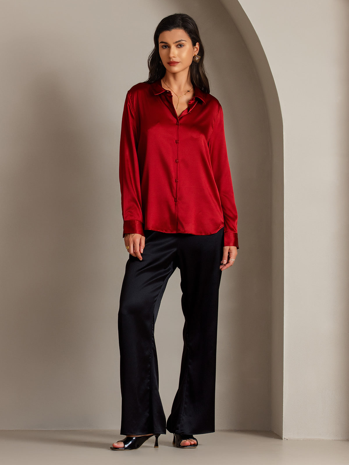 [Red] SilkSilky-AU Silk Long Sleeve Collar Women's Shirt 005