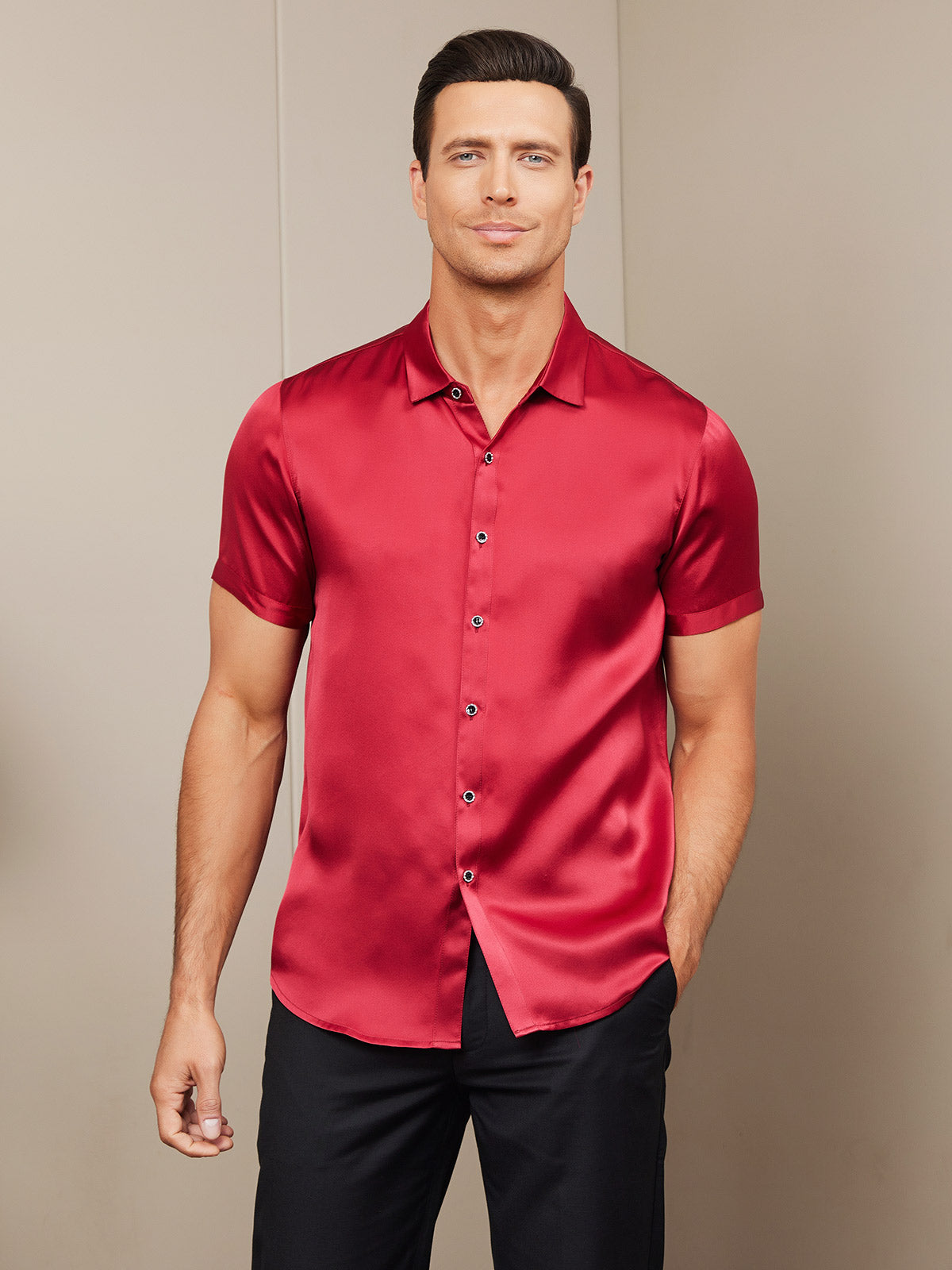 [Red] SilkSilky-AU Silk Short Sleeve Collar Men's Shirt 003