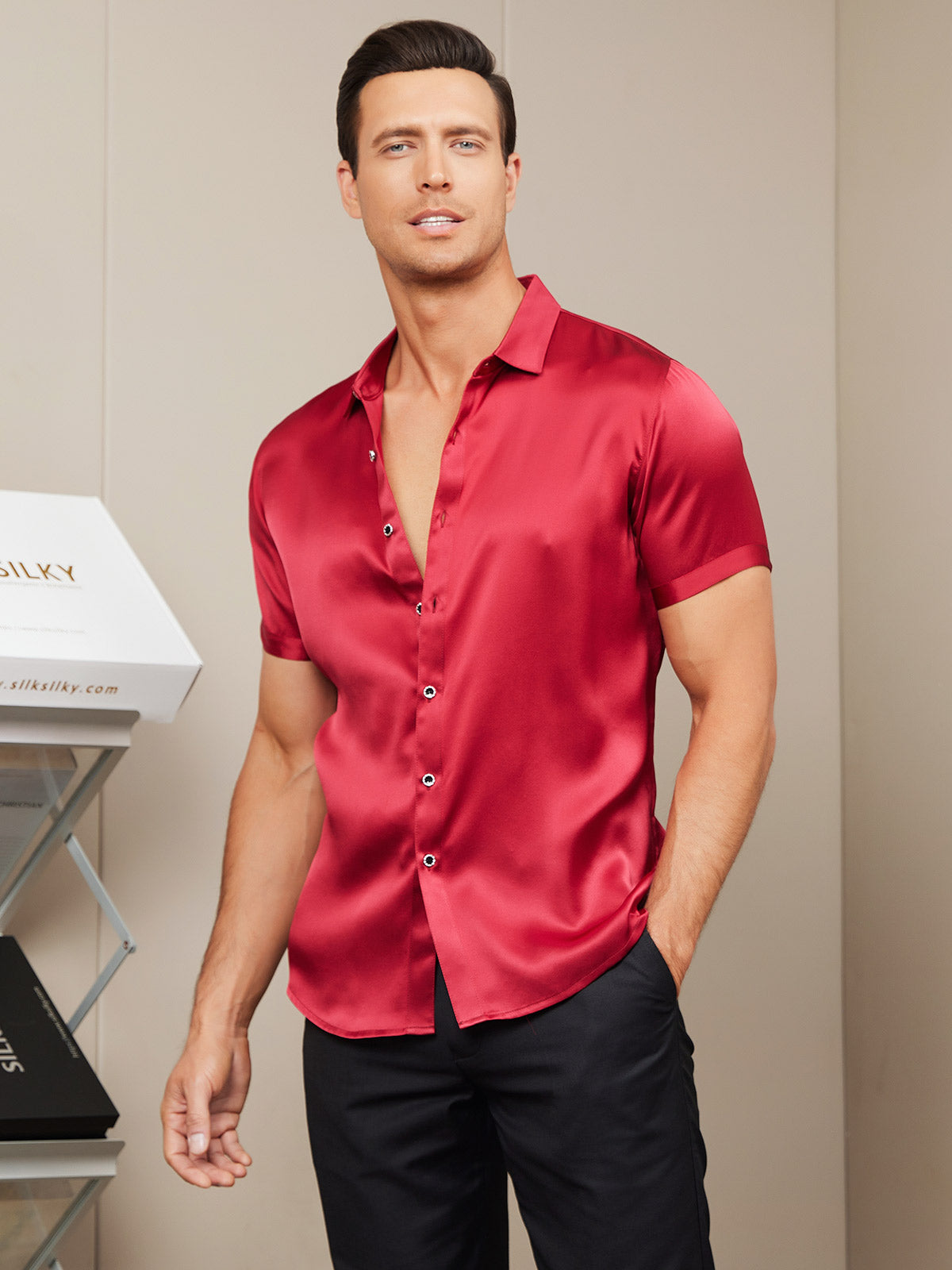 [Red] SilkSilky-AU Silk Short Sleeve Collar Men's Shirt 004