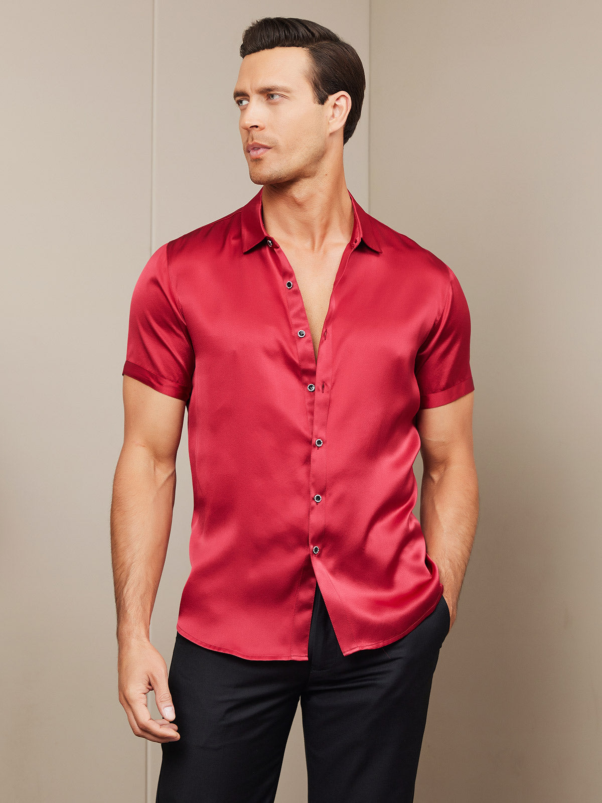 [Red] SilkSilky-AU Silk Short Sleeve Collar Men's Shirt 005